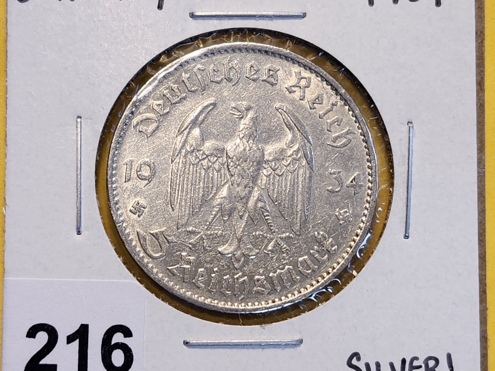 1934 German Silver Five Reichsmark in About Uncirculated: KM# 83