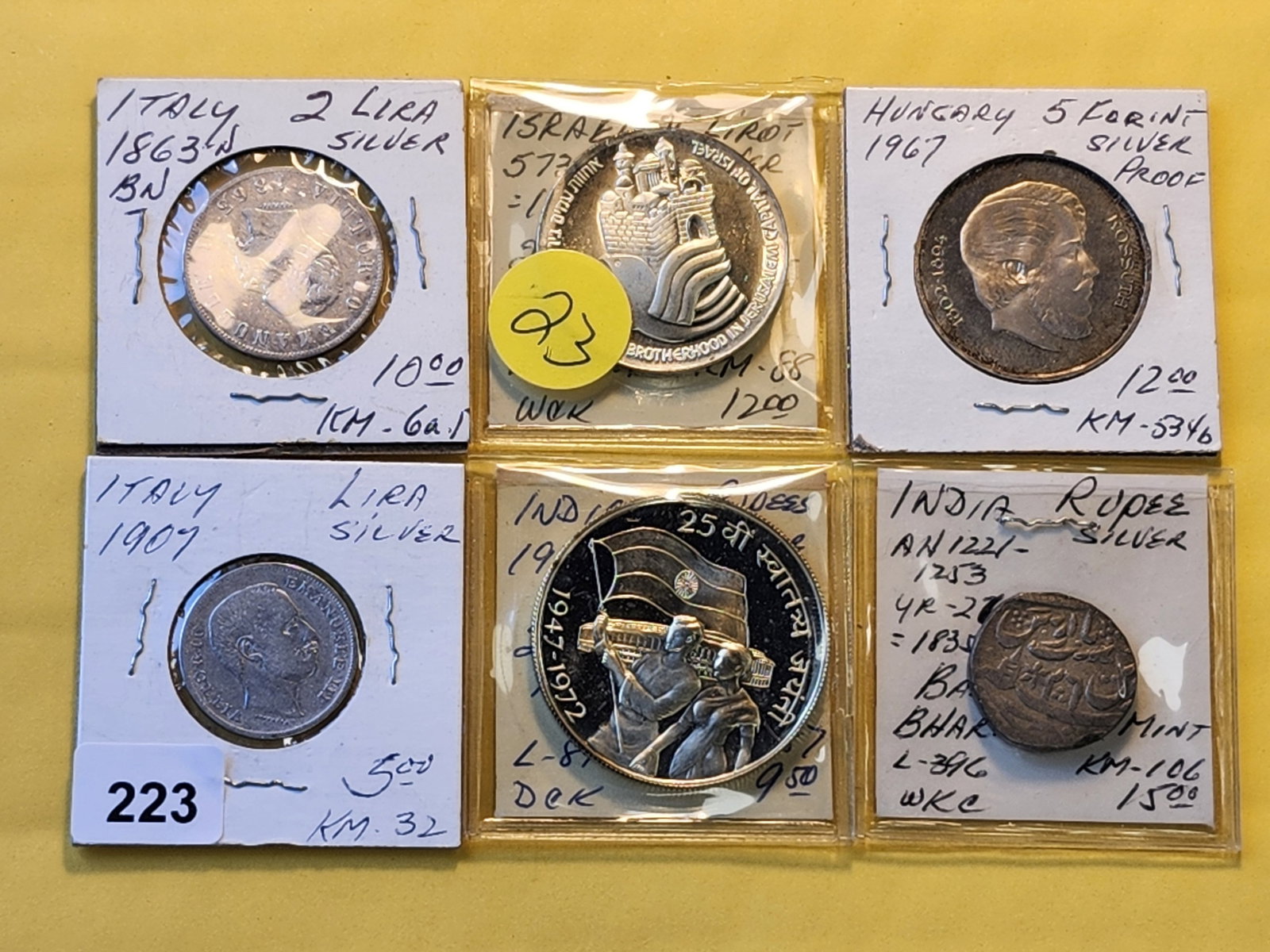 Six Mixed Silver World Coins: India, Israel, Italy and Hungary
