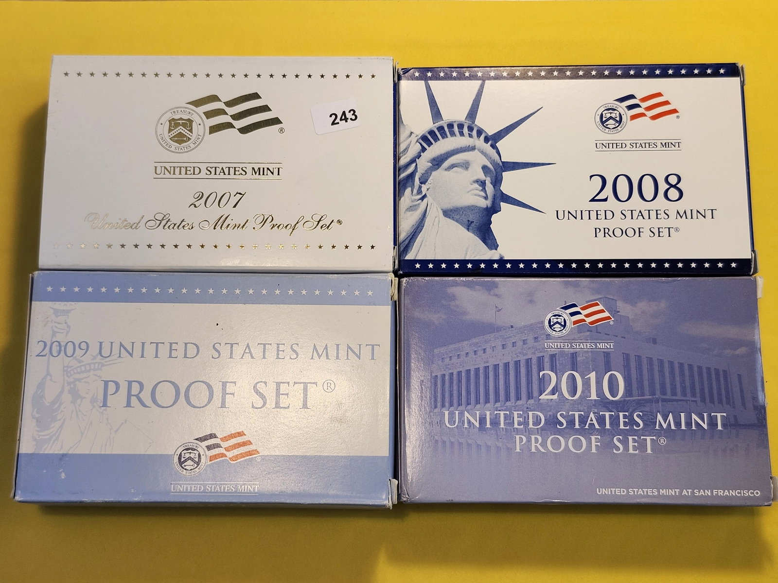 Four US Proof Sets in Original Government Packaging: 2007, 2008, 2009 and 2010