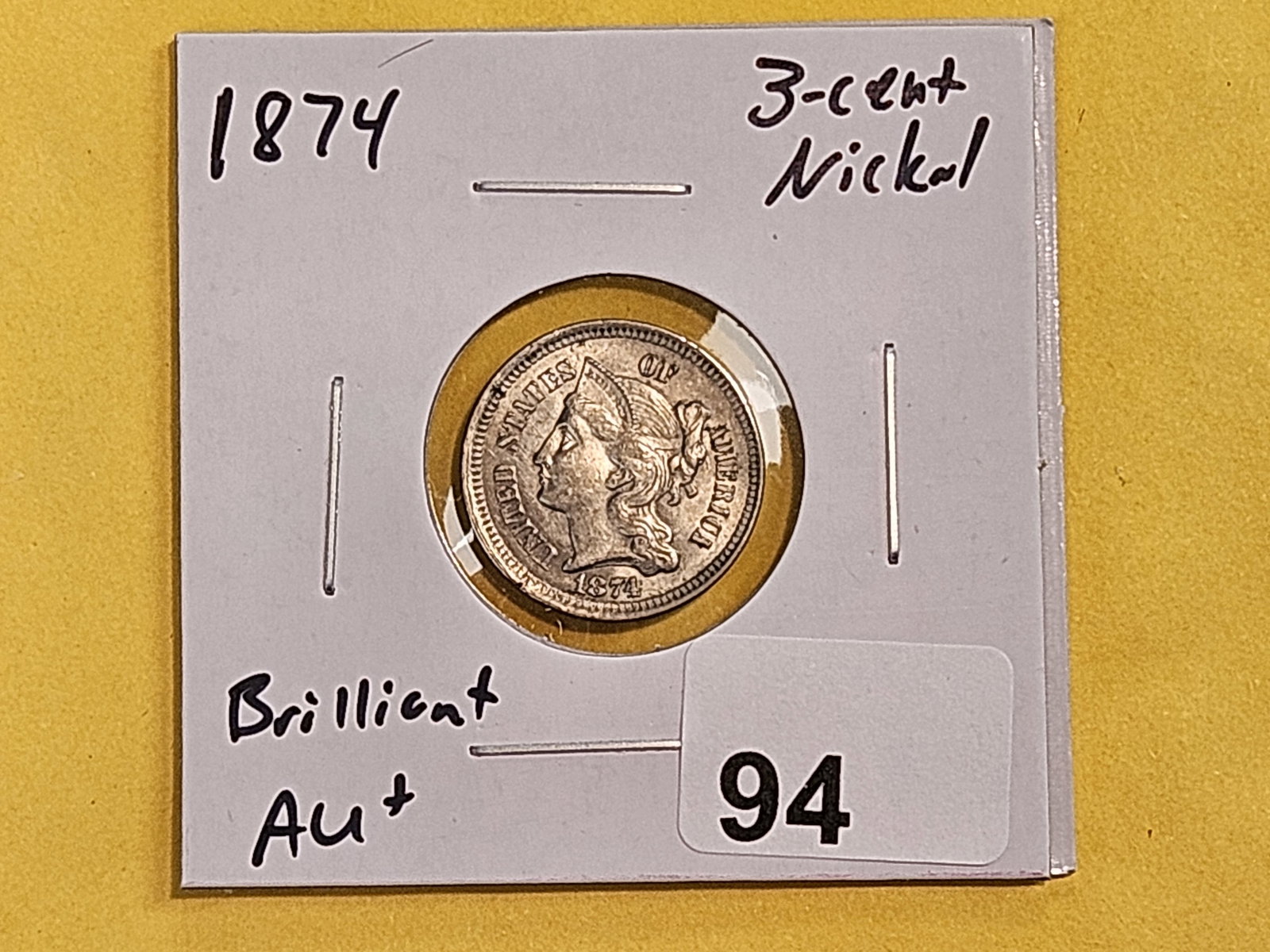 Choice Brilliant About Uncirculated plus 1874 Three Cent Nickel - 2