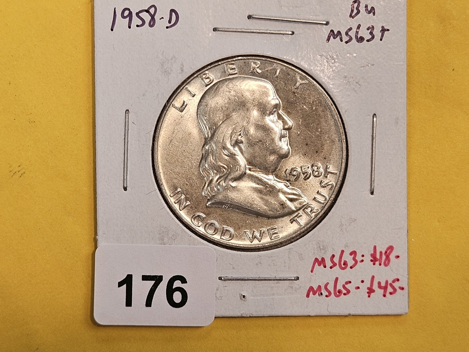 Choice Brilliant Uncirculated 1958-D Franklin silver half dollar - 2