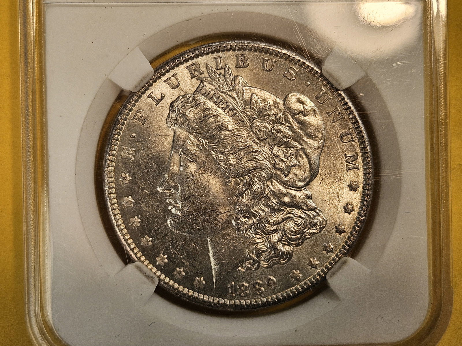 Choice Brilliant Uncirculated 1889 Morgan Silver Dollar: In holder