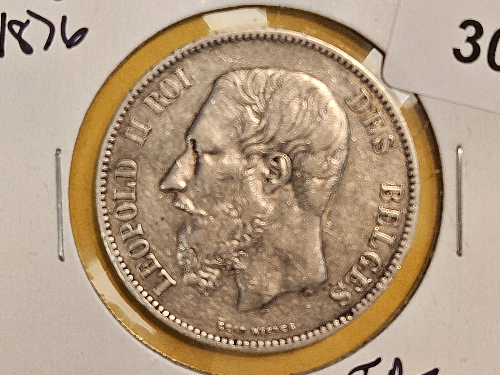 1876 Belgium silver 5 francs: KM 24