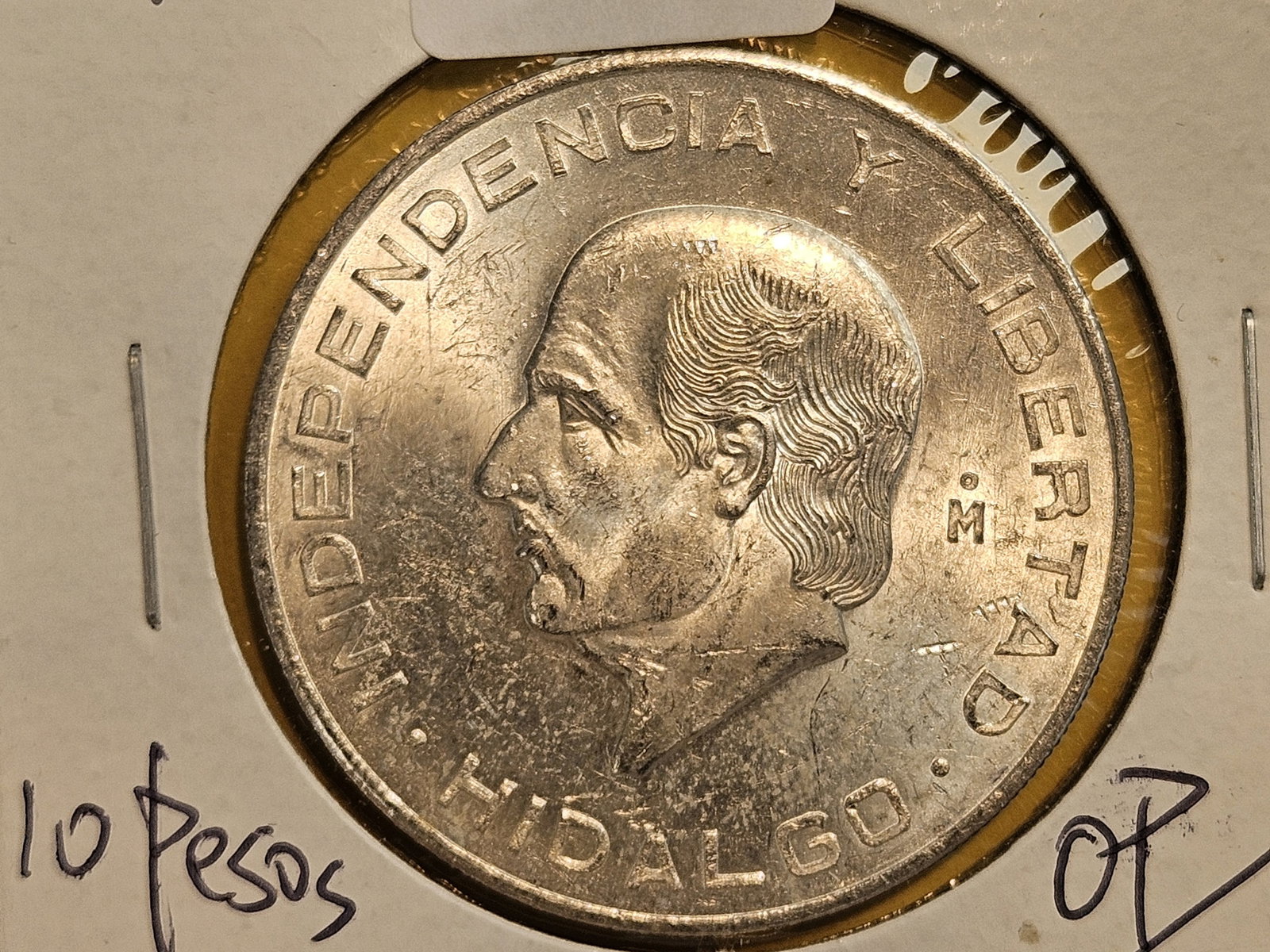 Brilliant Uncirculated 1956 Mexico silver 10 pesos: Hidalgo