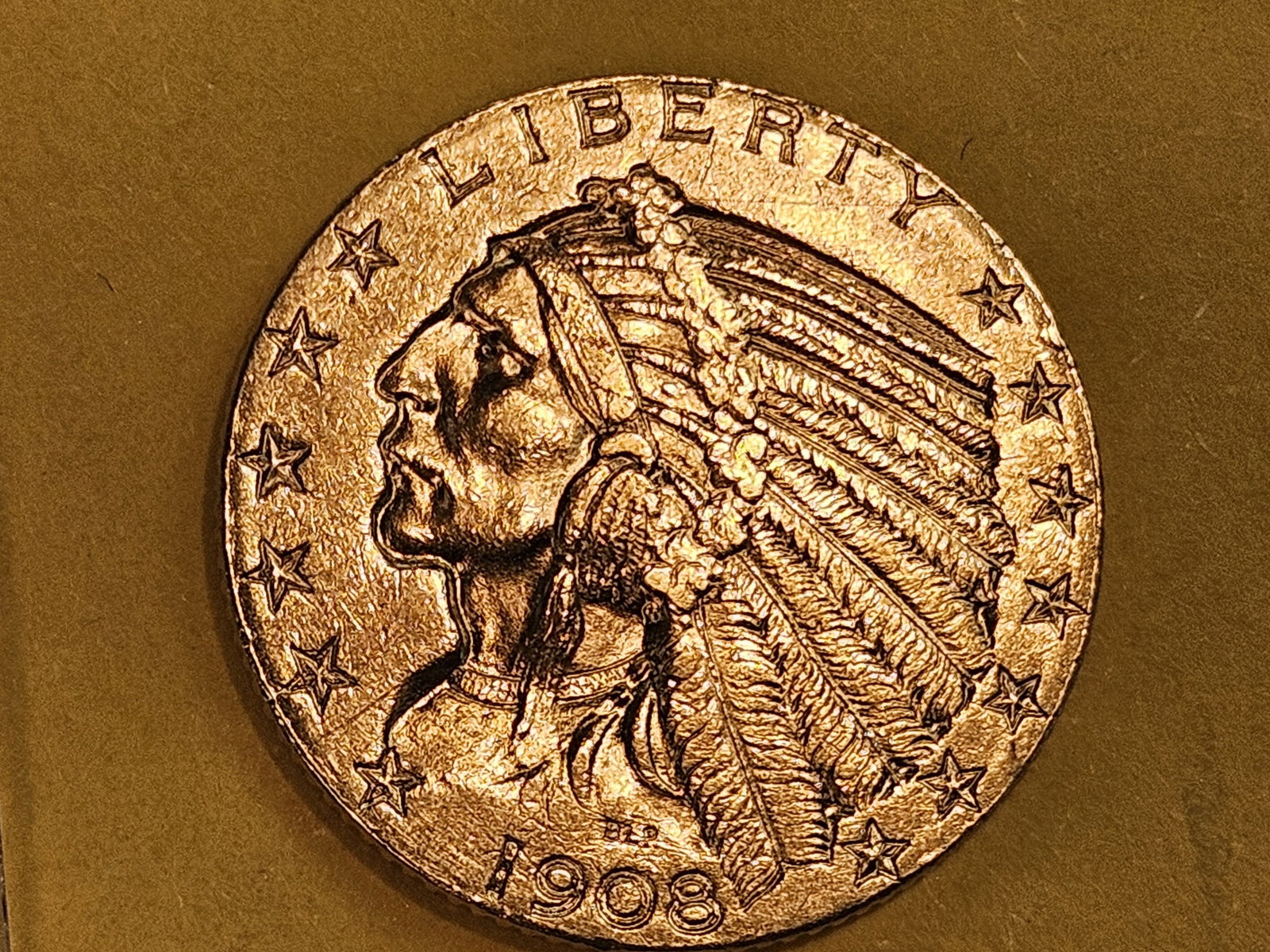 GOLD! Brilliant About Uncirculated 1908 Indian Head GOLD Five Dollars: Half-Eagle