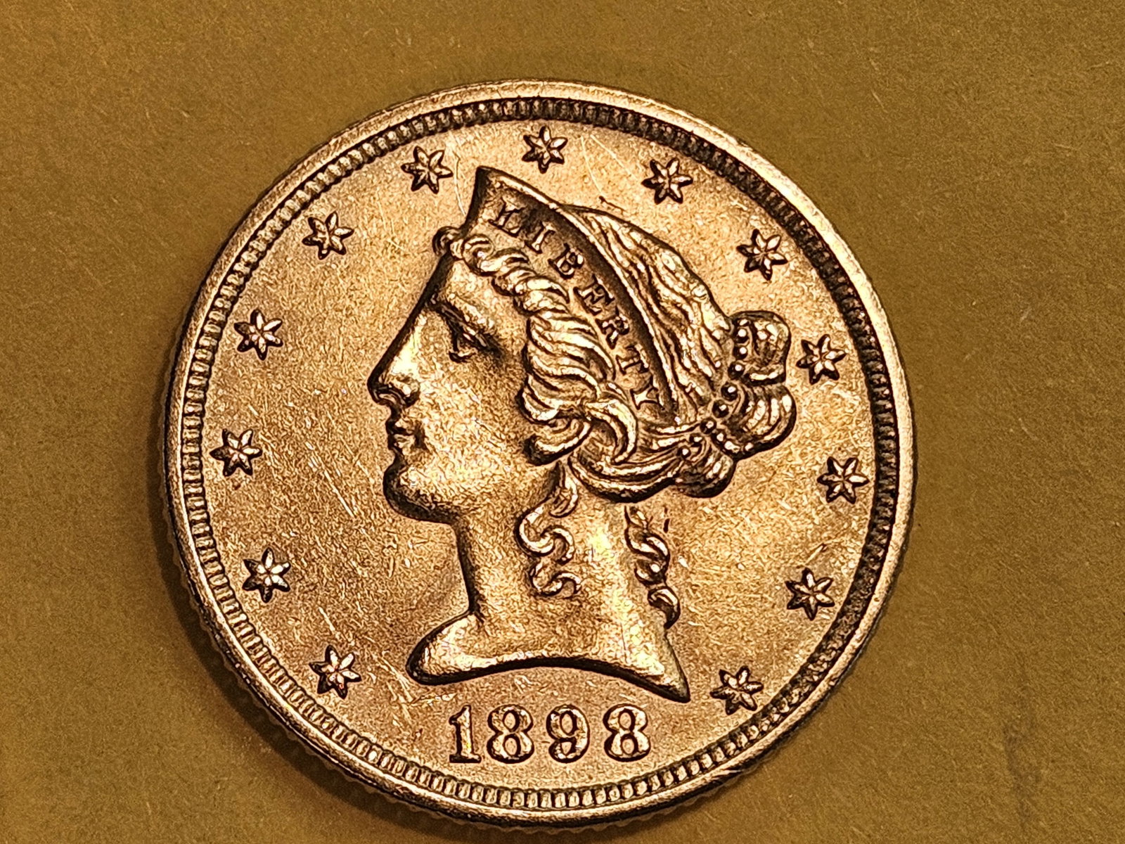 GOLD! Brilliant AU-BU 1898 Liberty Head Gold Five Dollars: Half-Eagle. Looks uncirculated
