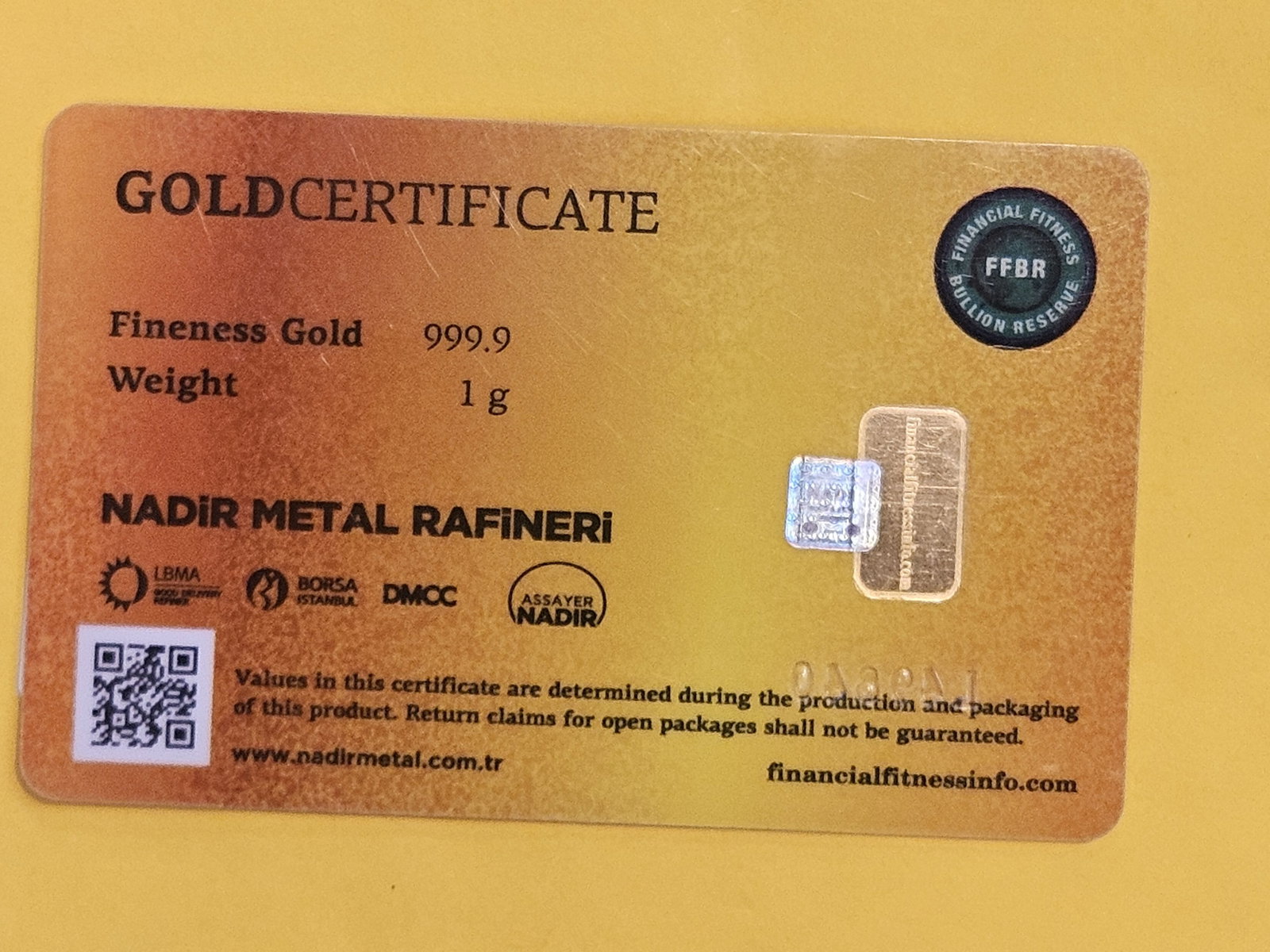 GOLD! NADIR One Gram .9999 fine gold bar - 2