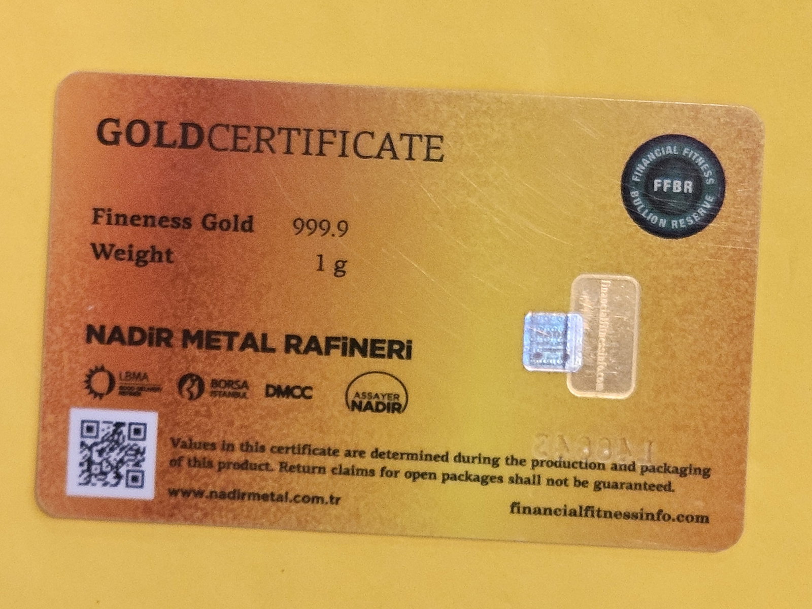 GOLD! NADIR One Gram .9999 fine gold bar - 2