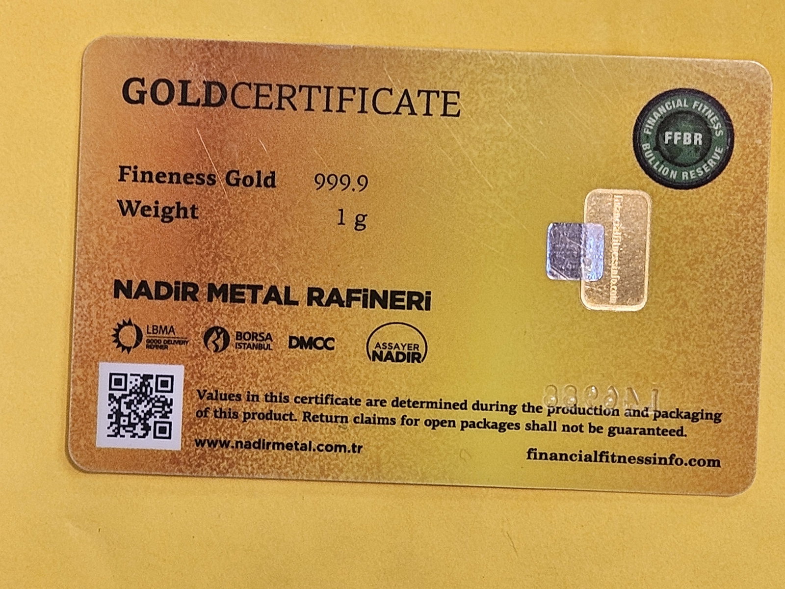 GOLD! NADIR One Gram .9999 fine gold bar - 2
