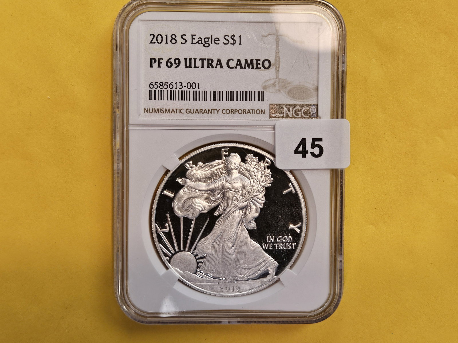 NGC 2018-S American Silver Eagle in Proof 69 Ultra Cameo: Purt near perfect