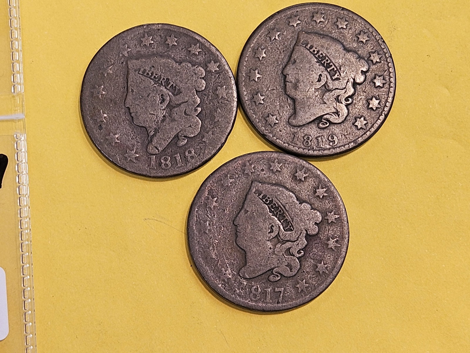 Three Coronet Head Large Cents in Good: 1817, 1818, and 1819