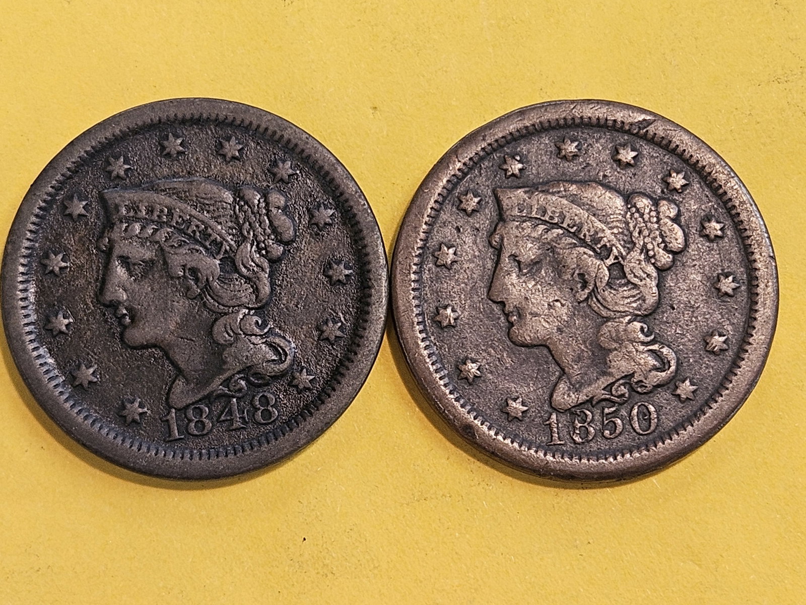 1848 and 1850 Braided Hair Large Cents: Both in Very Fine
