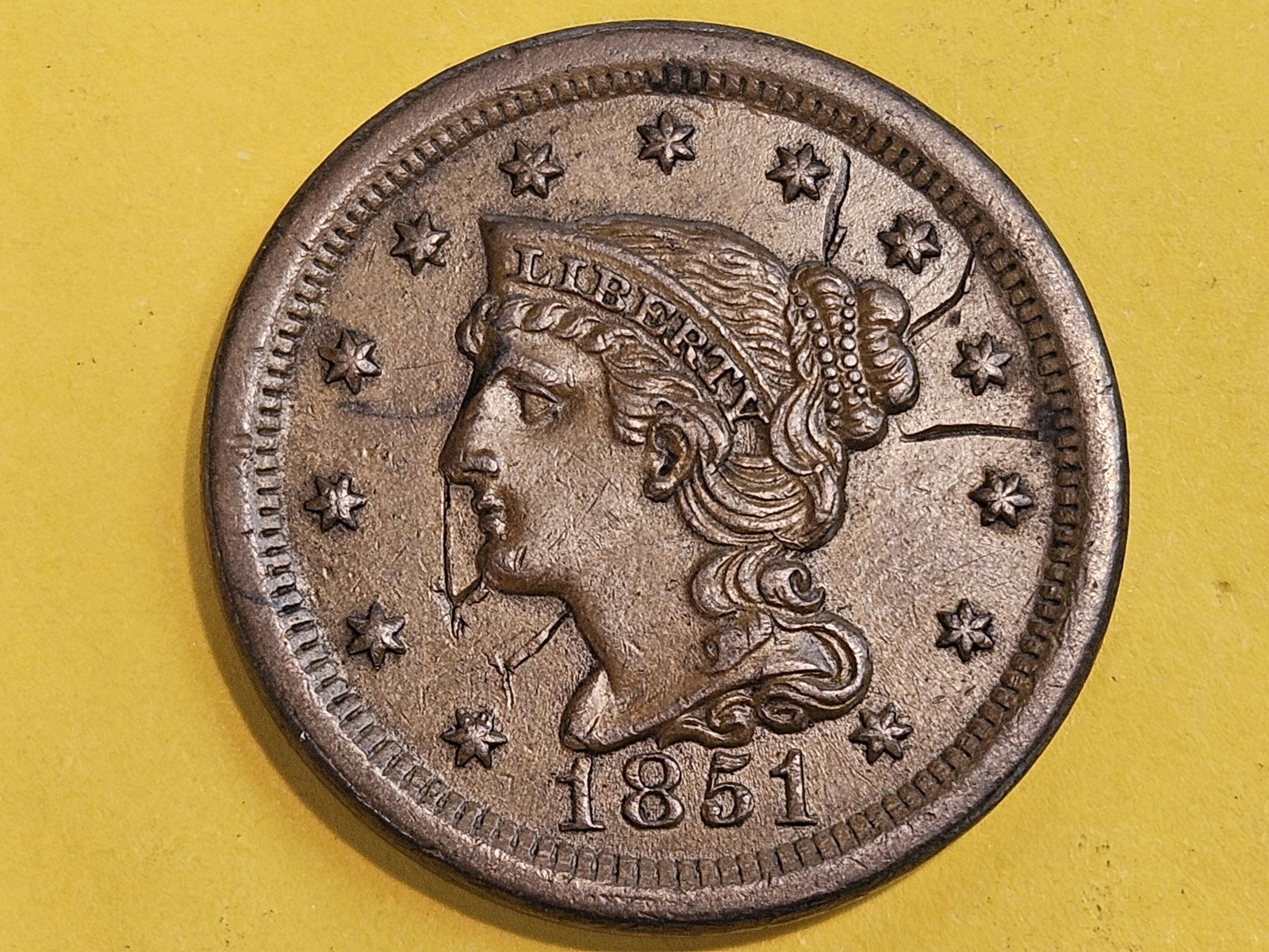 1851 Braided Hair Large Cent in Choice Uncirculated - details: Light scratches on the obverse