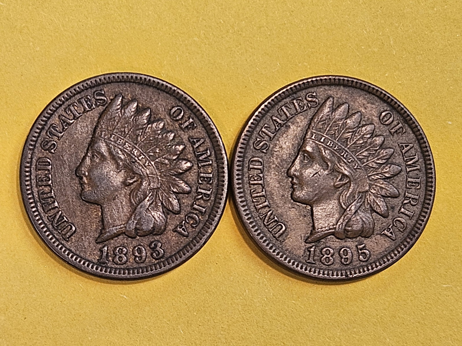 1893 and 1895 Indian Cents: Both in About Uncirculated plus