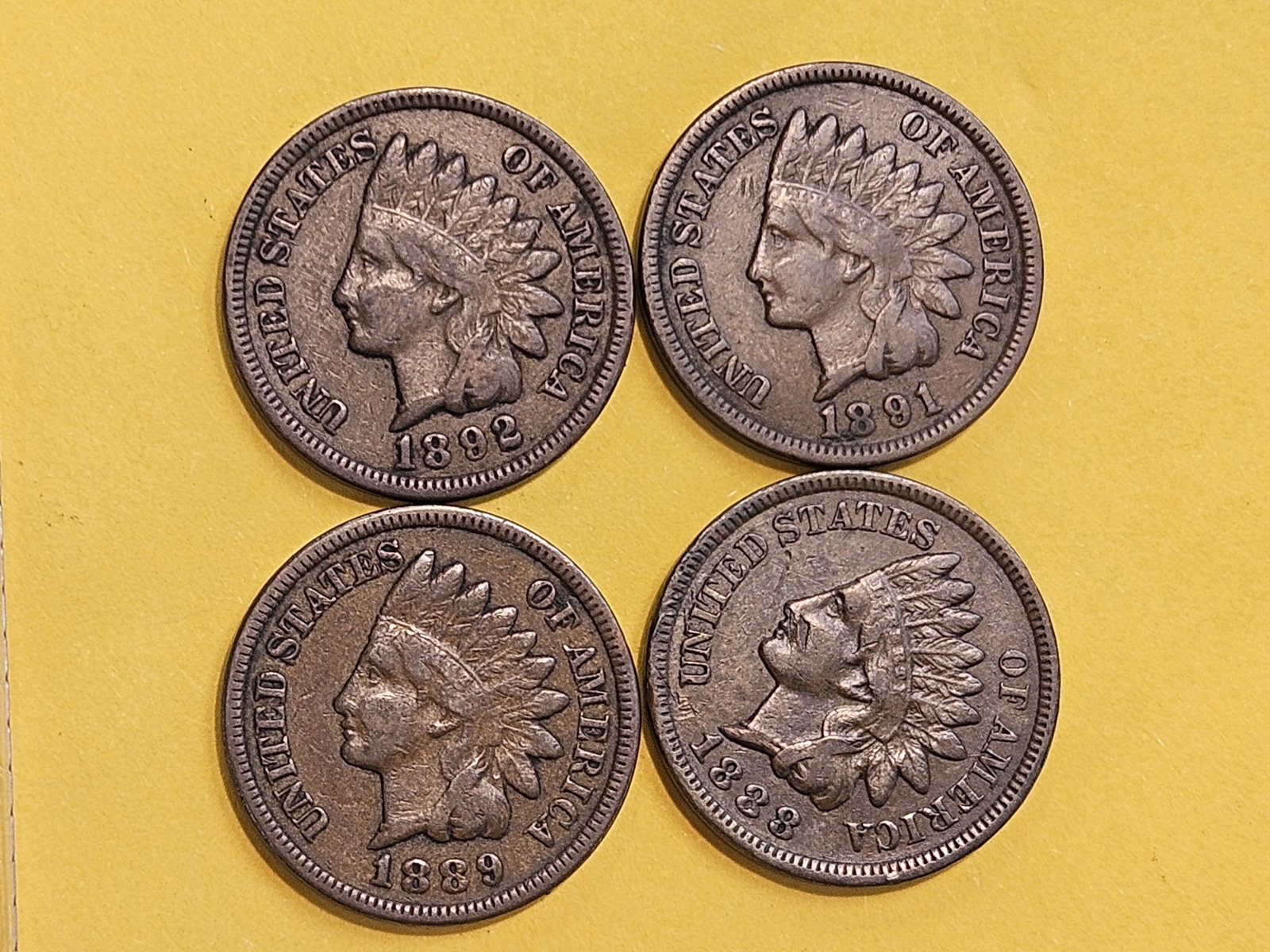 Four nicer Indian cents in Very Fine: 1888, 1889, 1891 and 1892