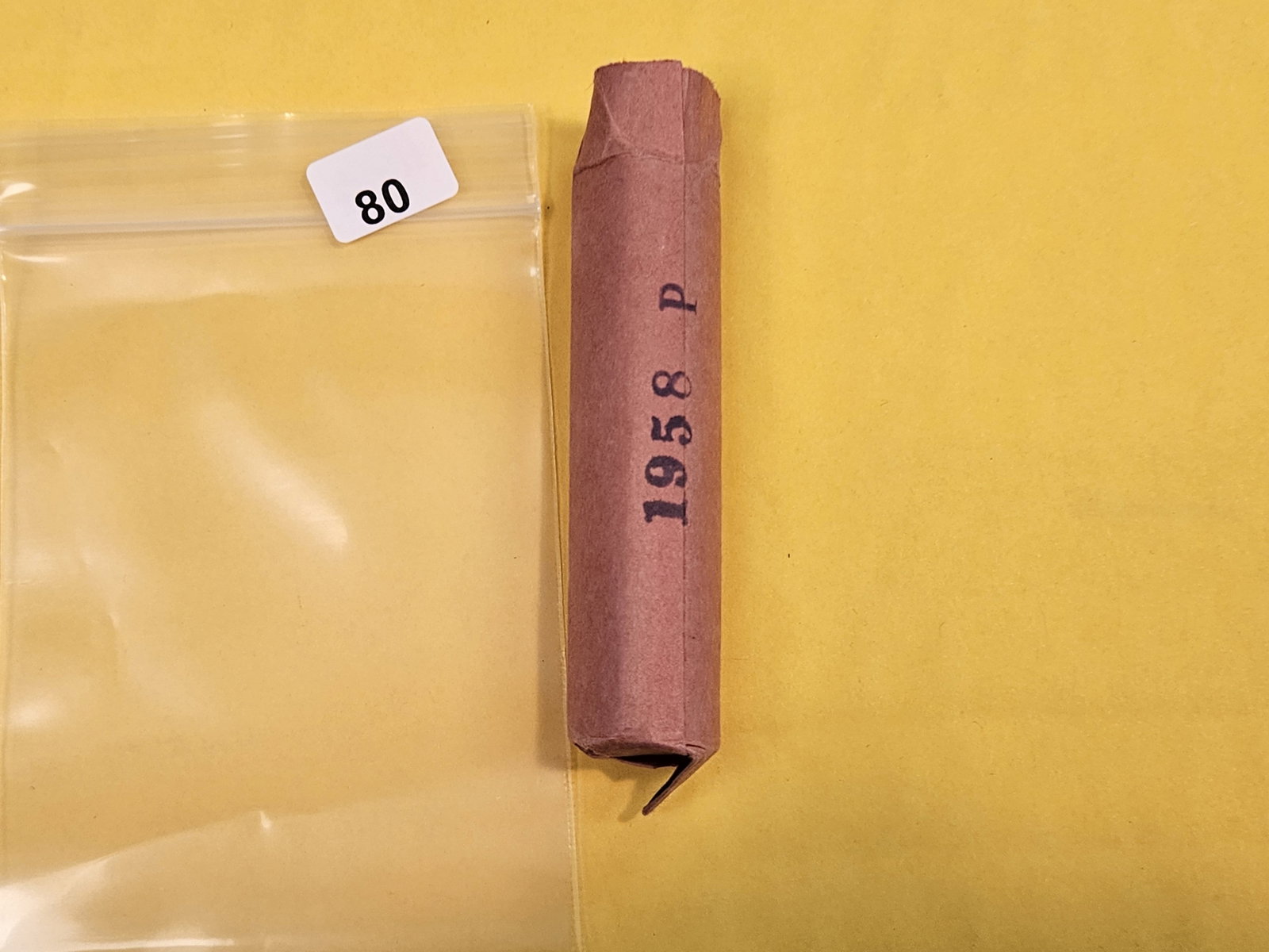 GEM Brilliant Uncirculated RED Roll of 1958 Wheat cents: From same old collection. Unsearched by us. Ends show BU GEM RED. Side is stamped 1958 P.