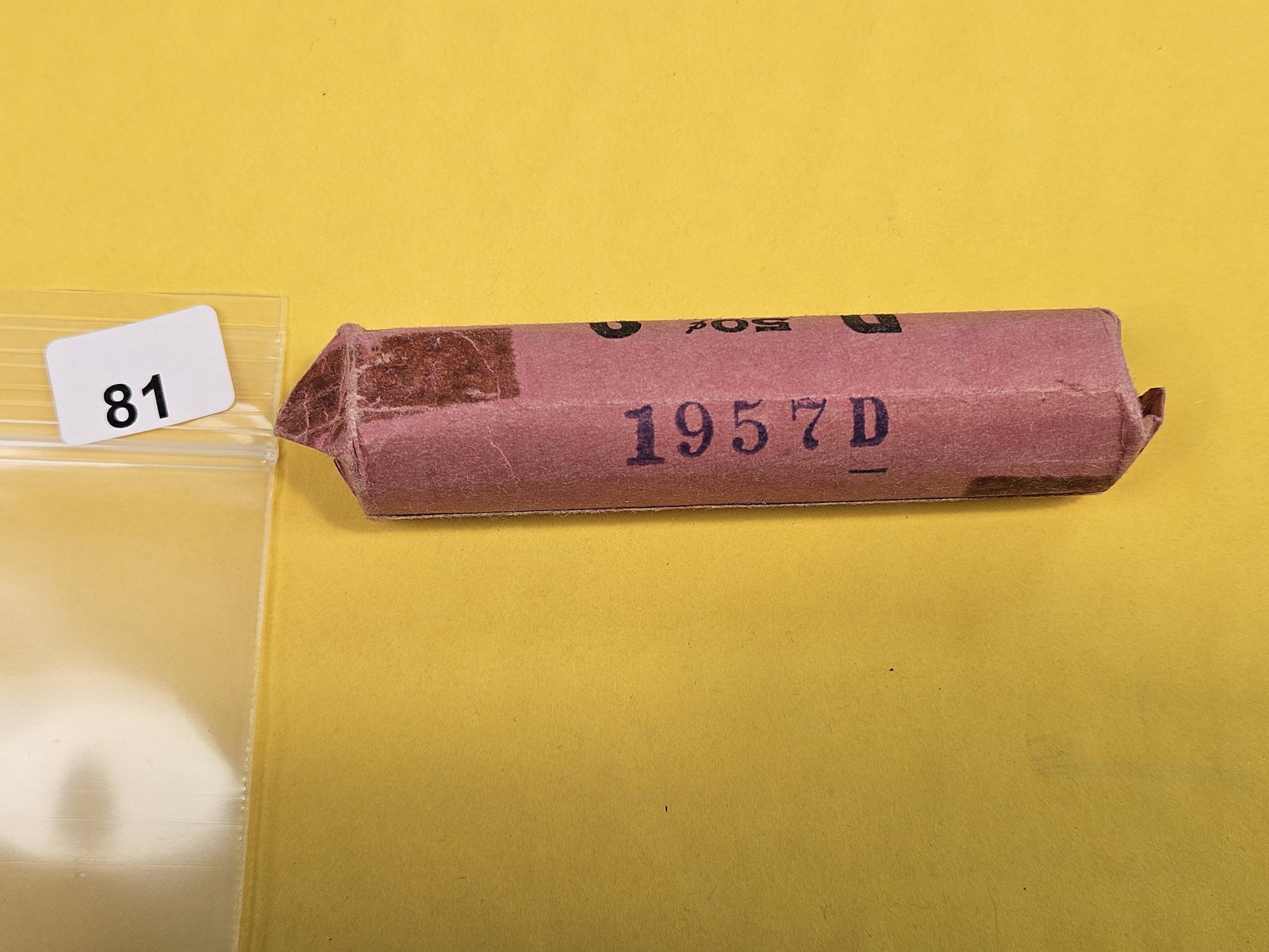 GEM Brilliant Uncirculated RED Roll of 1957-D Wheat cents: From same old collection. Unsearched by us. Ends show BU GEM RED. Side is stamped 1957-D