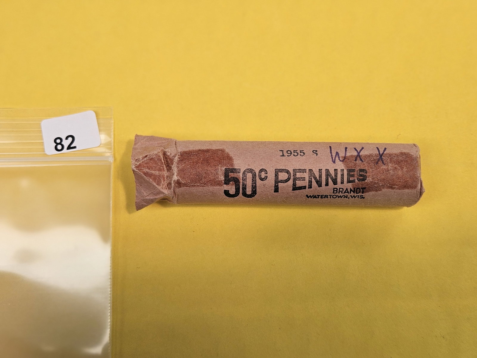 GEM Brilliant Uncirculated RED Roll of 1955-S Wheat cents: From an old collection. Originally wrapped in aluminum foil and then a bank wrapper. The older fellas would wrap these in aluminum because they thought it would preserve the coins better. Unsearched