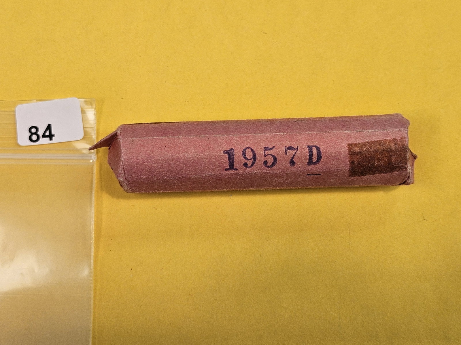 GEM Brilliant Uncirculated RED Roll of 1957-D Wheat cents: From same old collection. Unsearched by us. Ends show BU GEM RED. Side is stamped 1957-D