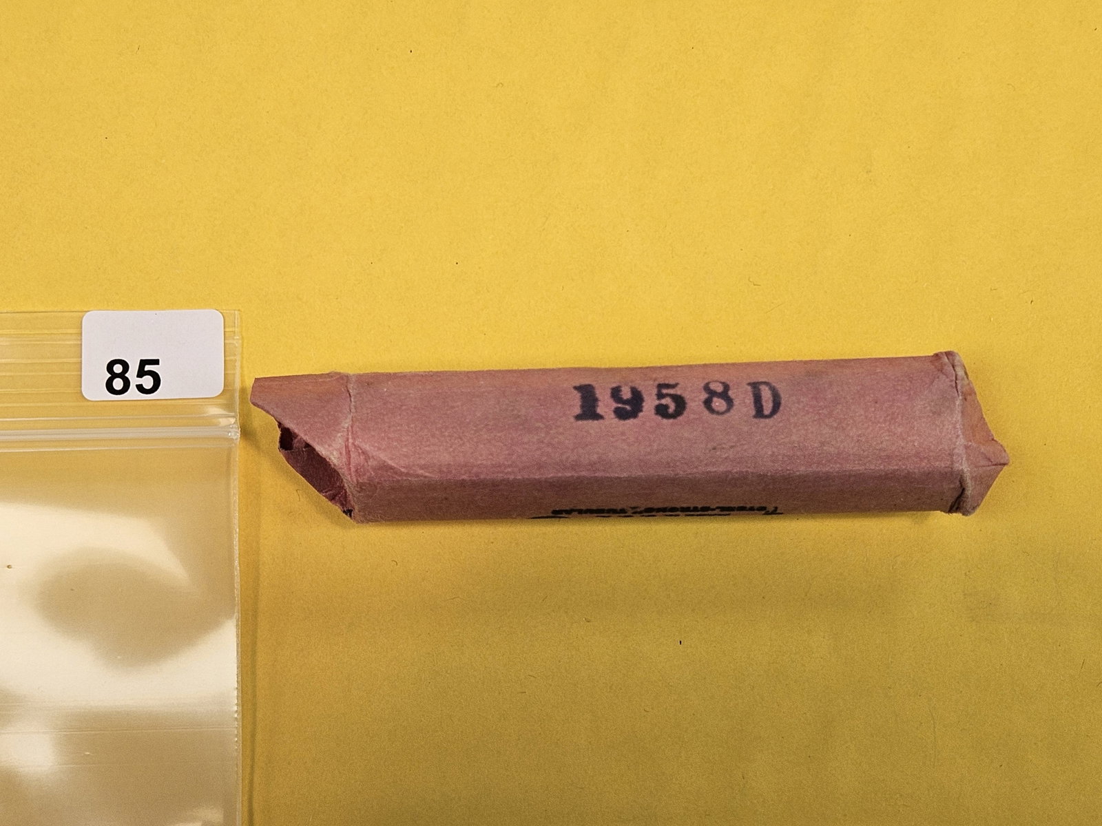 GEM Brilliant Uncirculated RED Roll of 1958-D Wheat cents: From same old collection. Unsearched by us. Ends show BU GEM RED. Side is stamped 1958-D