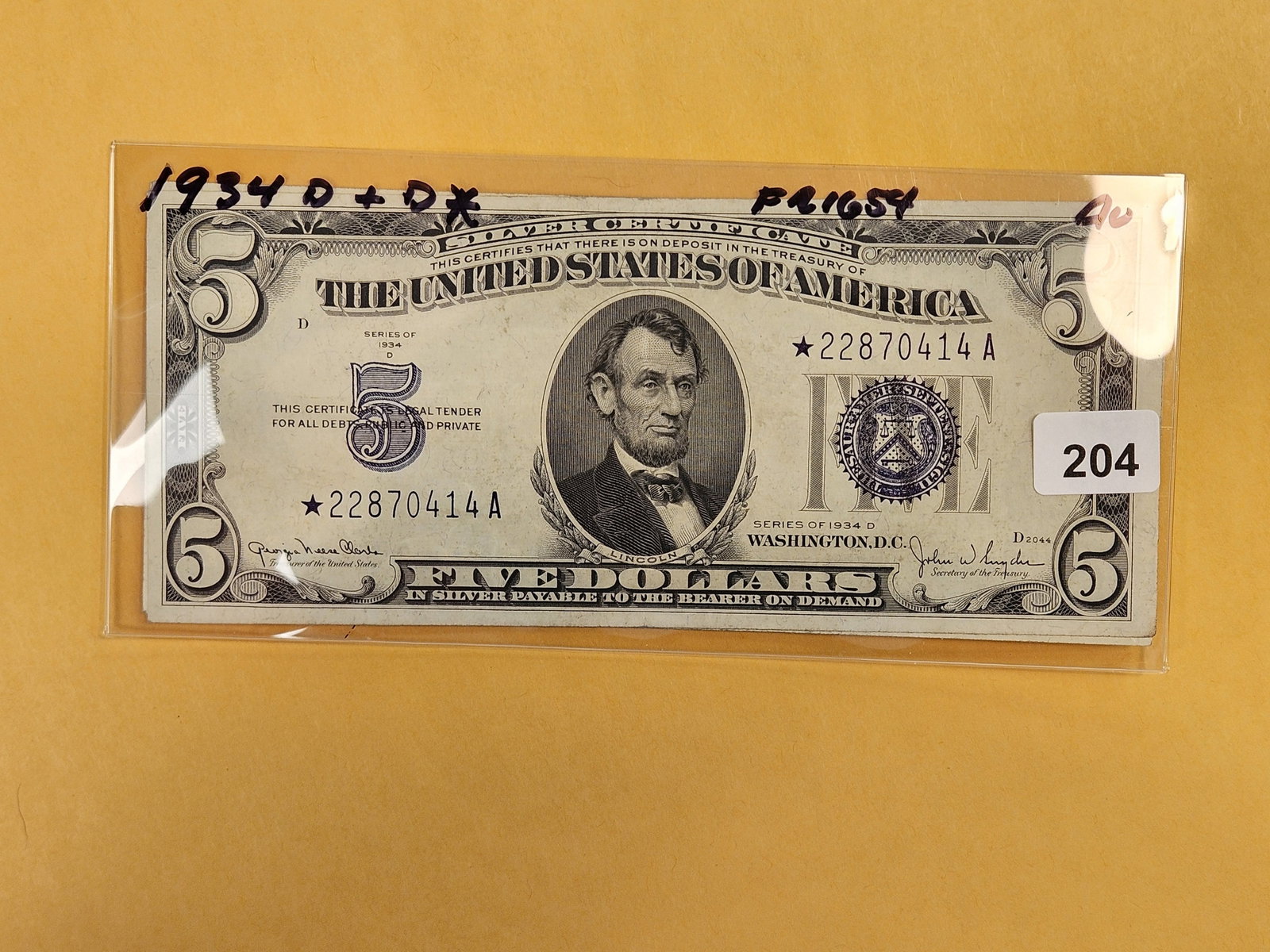 Two Crisp About Uncirculated plus Series of 1934 Five Dollar Silver Certificates: FR 1654 and a STAR Replacement!