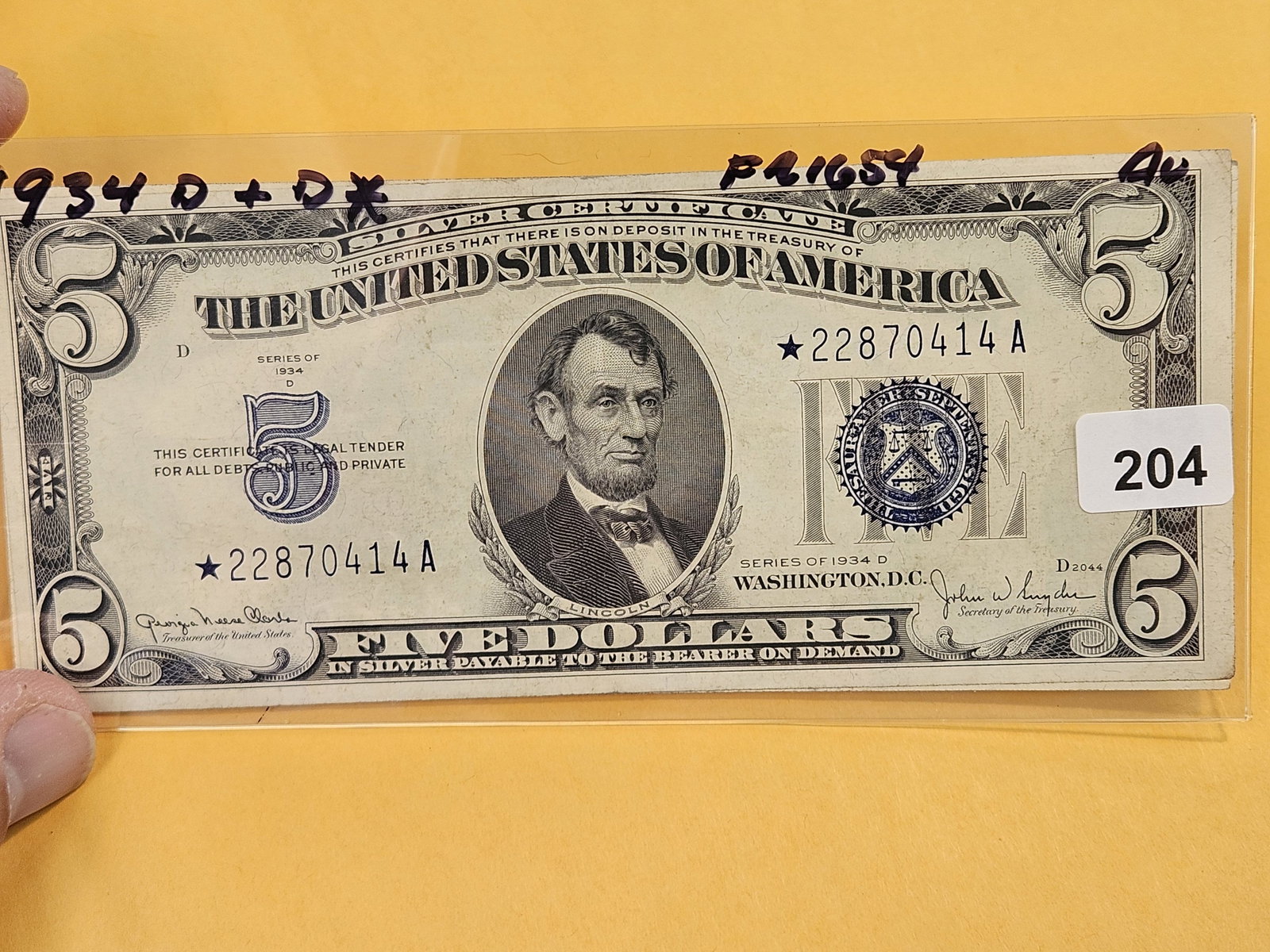 Two Crisp About Uncirculated plus Series of 1934 Five Dollar Silver Certificates - 2