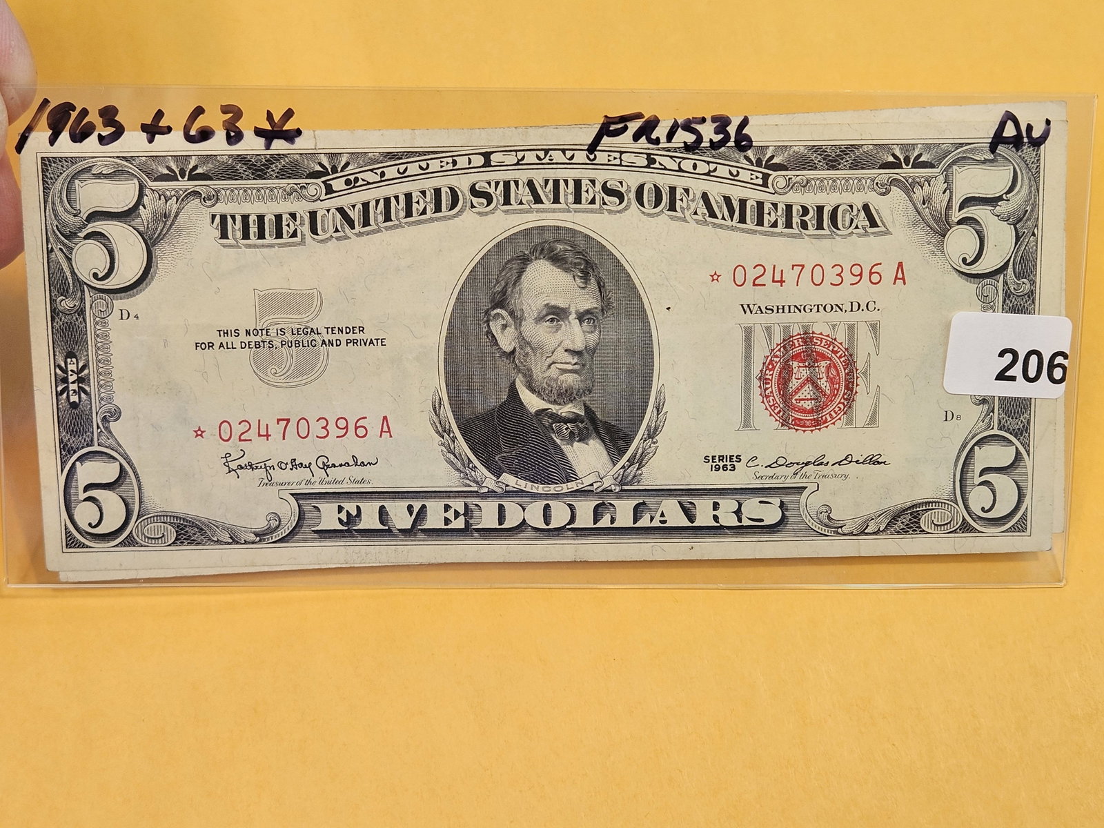 Two Crisp About Uncirculated Series of 1963 Five Dollar Red Seal US Notes: FR 1536..and another STAR Replacement