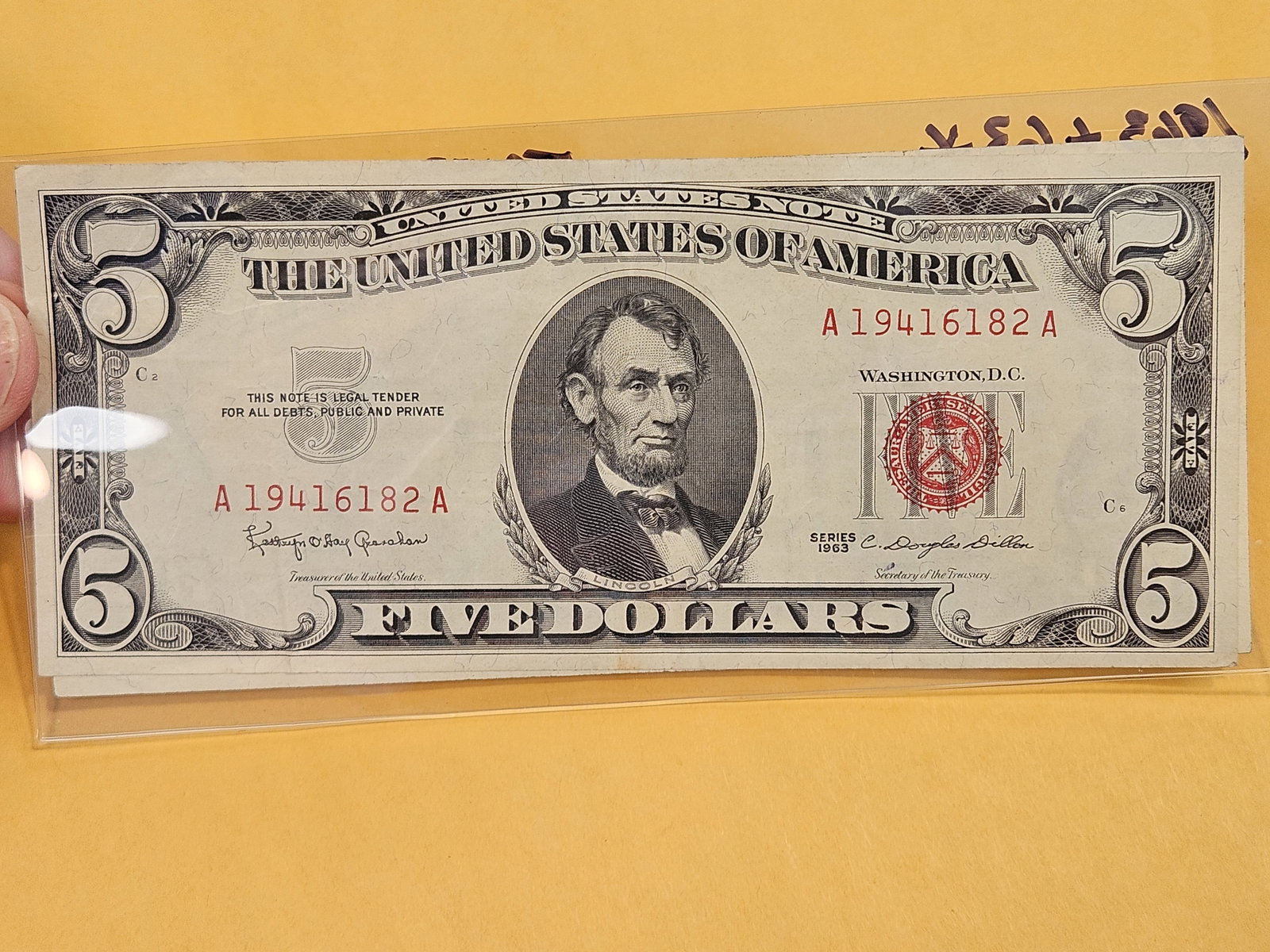 Two Crisp About Uncirculated Series of 1963 Five Dollar Red Seal US Notes - 2