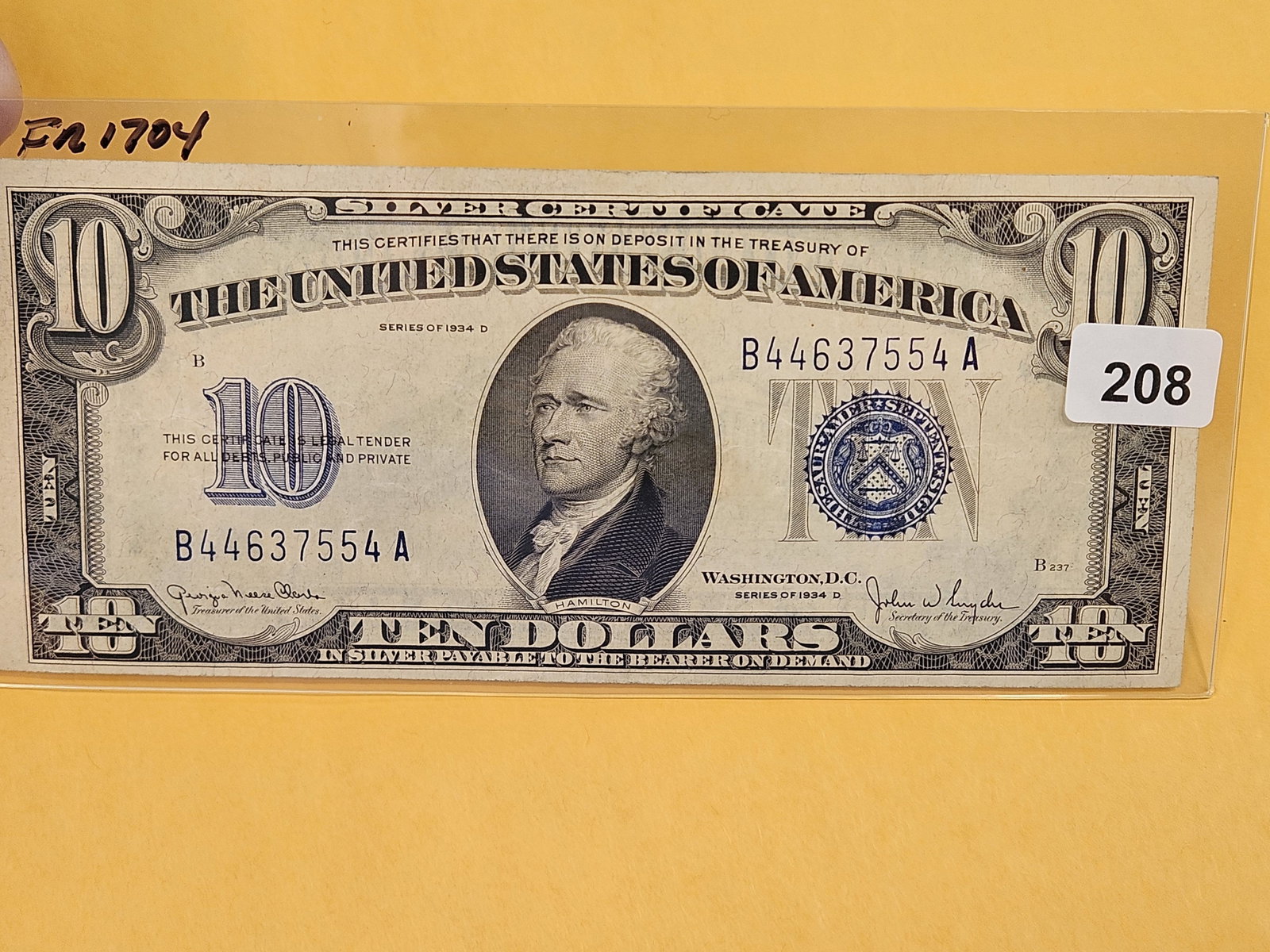 Crisp About Uncirculated Series 1934-D Ten Dollar Silver Certificate - 2