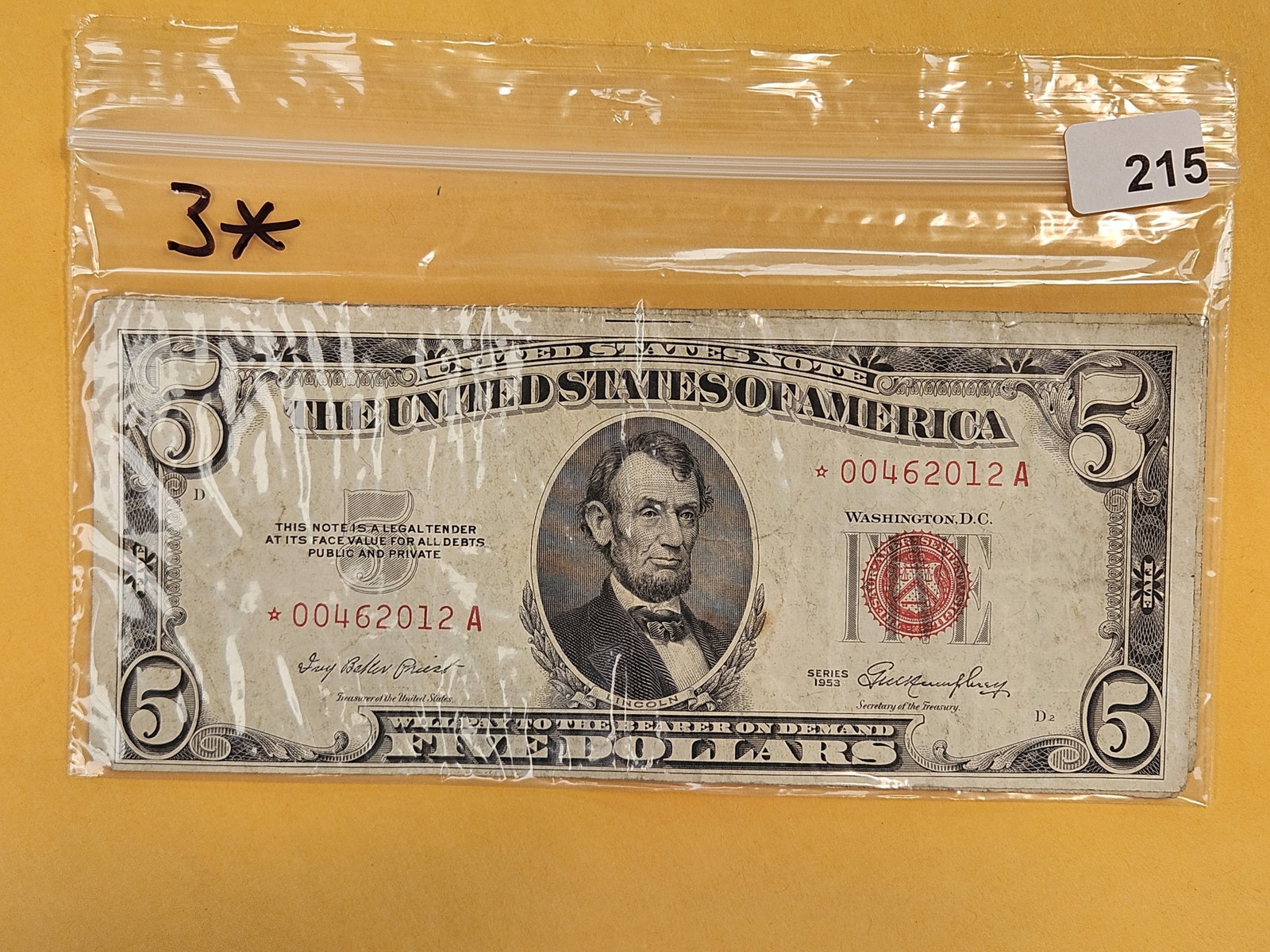 Three Five Dollar Star Replacement Red Seal US Notes