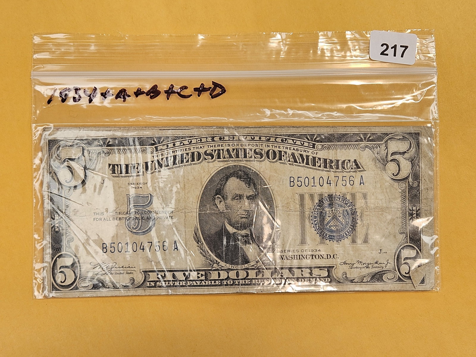 Five $5 Silver Certificates from 1934 (1 of 2)