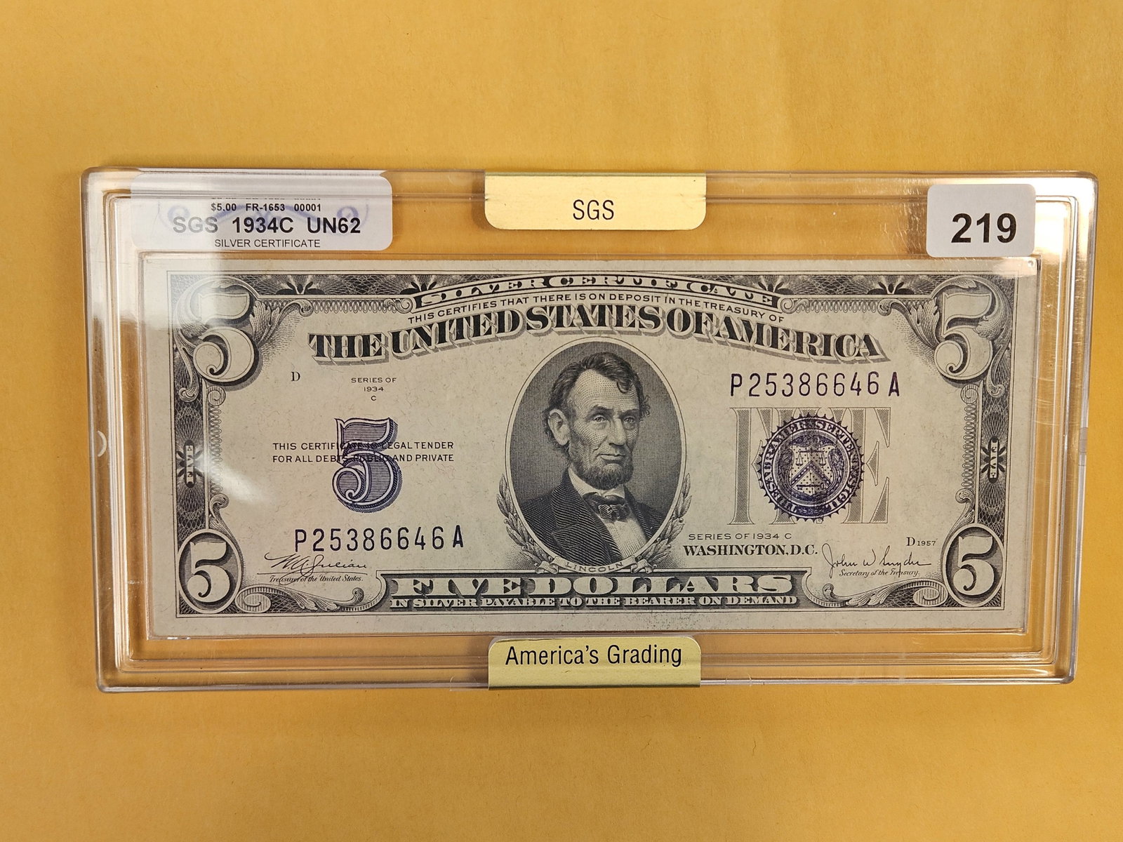 Crisp Uncirculated Plus Series of 1934-C Five Dollar Silver Certificate: SGS graded is Uncirculated 62