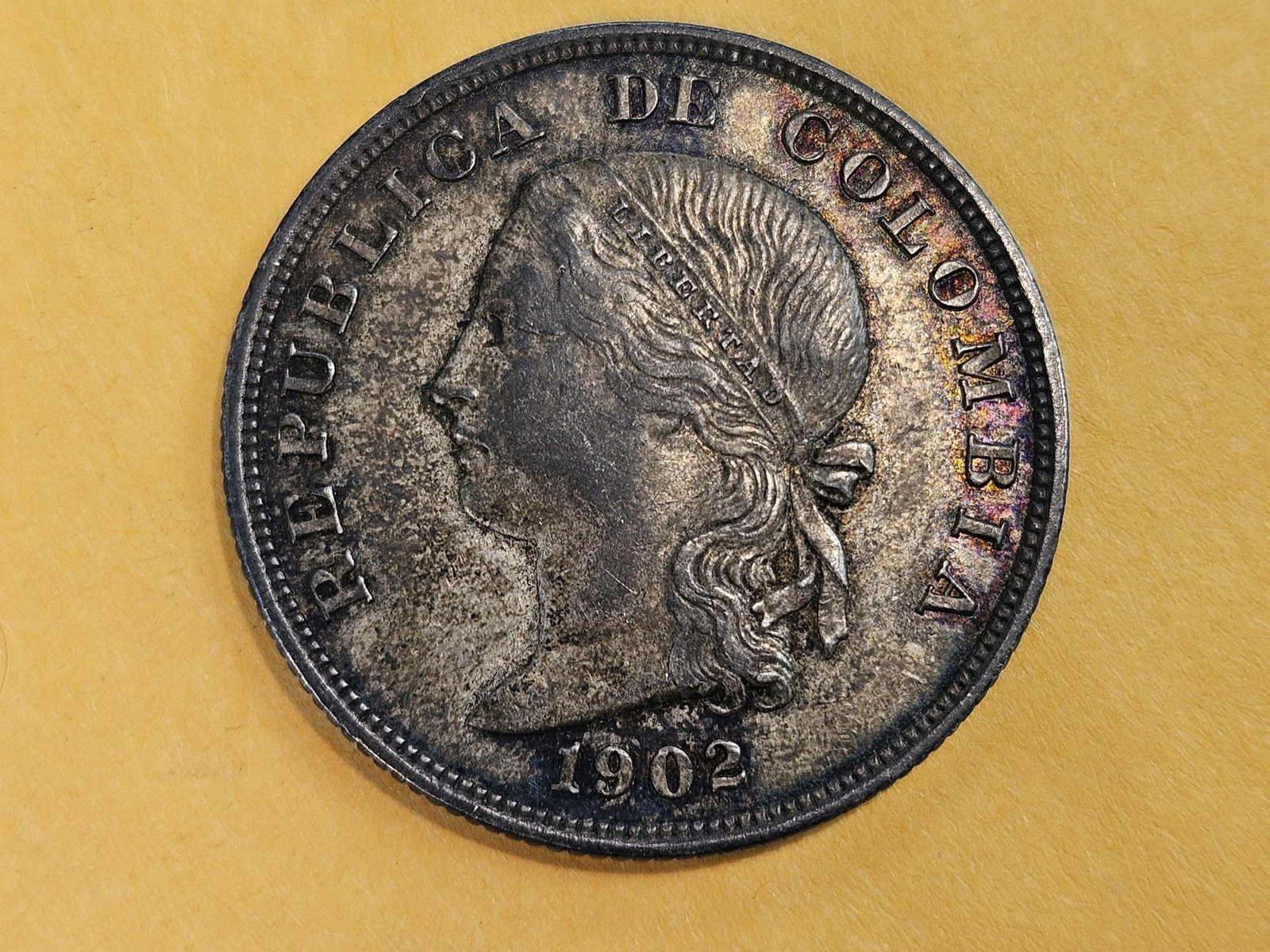 1902 Colombia 50 cents in About Uncirculated: KM 192