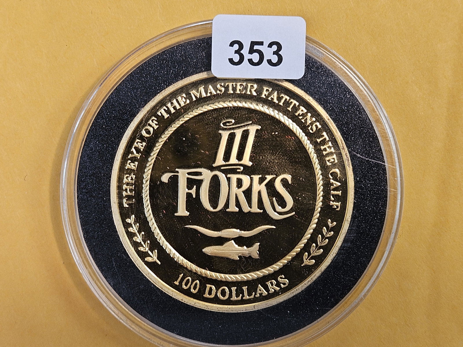Scarce! Two Troy ounce .999 fine silver coin: "From the Casino?III Forks Steakhouse, Dallas, TX. Denomination:?$100
