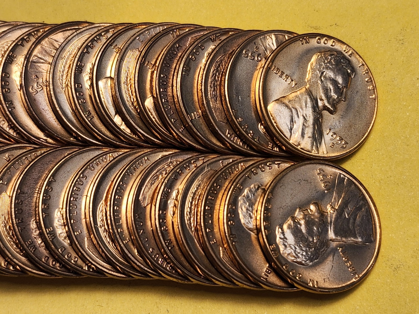 FULL ROLL Brilliant Red Uncirculated 1955-S Wheat Cents - 2