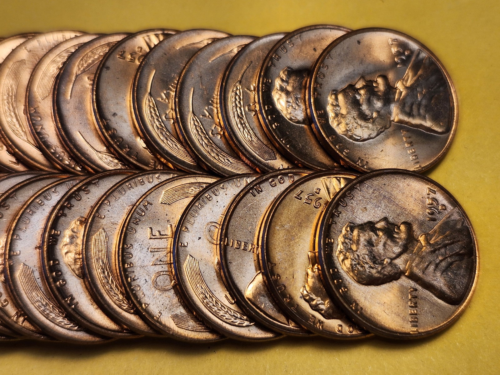 FULL ROLL Brilliant Red Uncirculated 1957-D Wheat Cents - 2