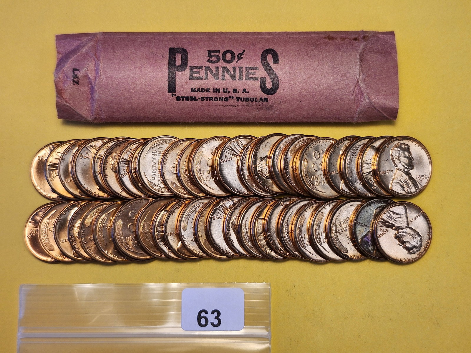 FULL ROLL Brilliant Red Uncirculated 1958-D Wheat Cents: From an old collection.