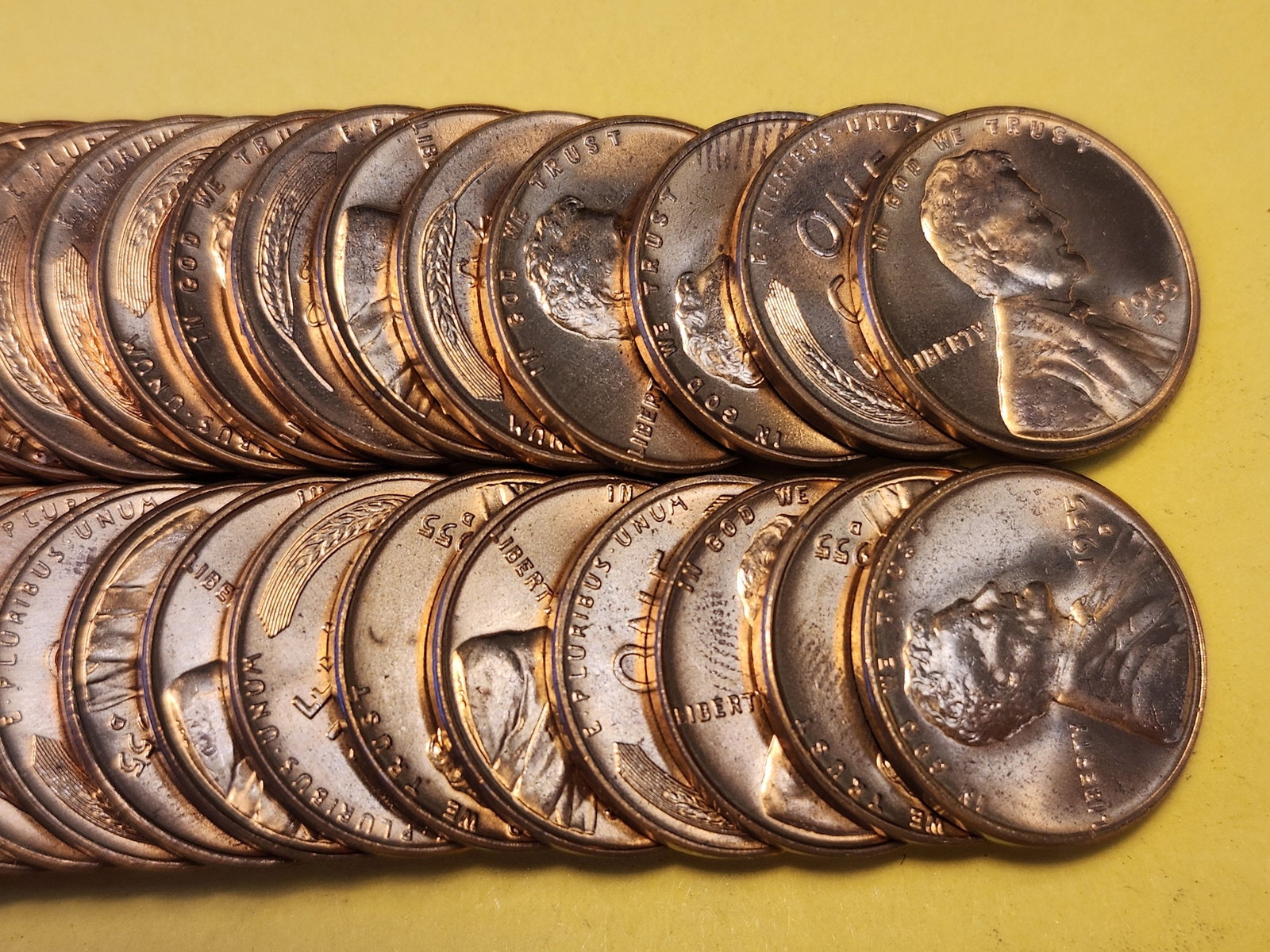 FULL ROLL Brilliant Red Uncirculated 1955-D Wheat Cents - 2
