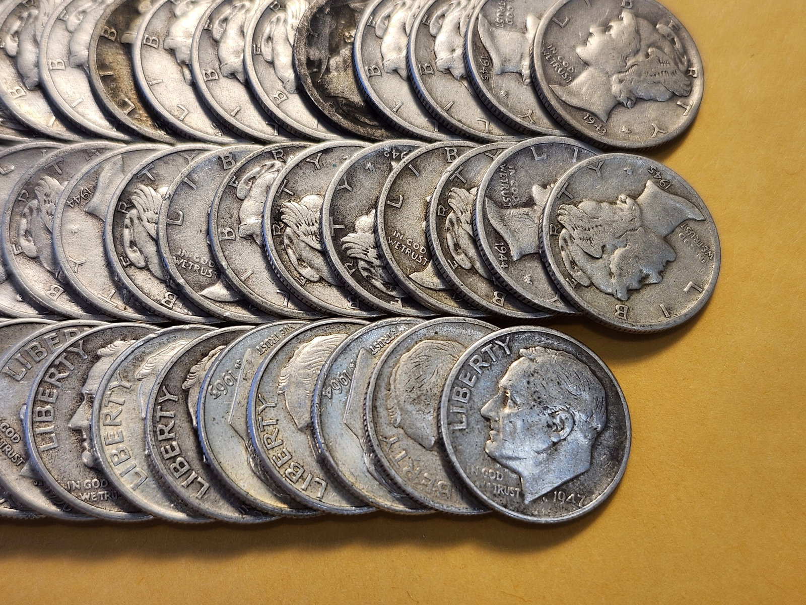 Sixty-Three mixed Mercury and Roosevelt Silver Dimes - 2