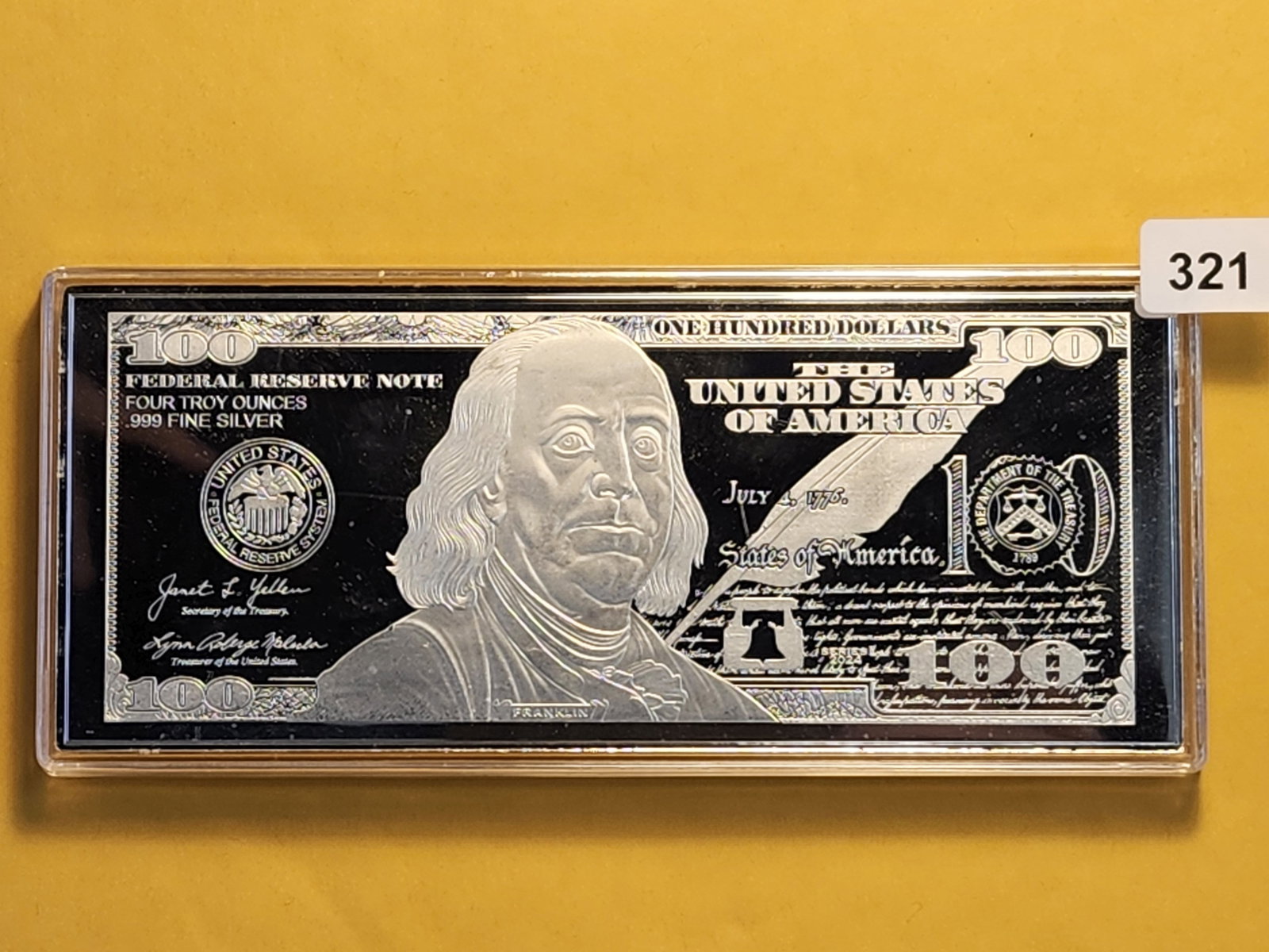 2024 Franklin Silver $100 Note: Four troy ounces of .999 fine silver in protective case
