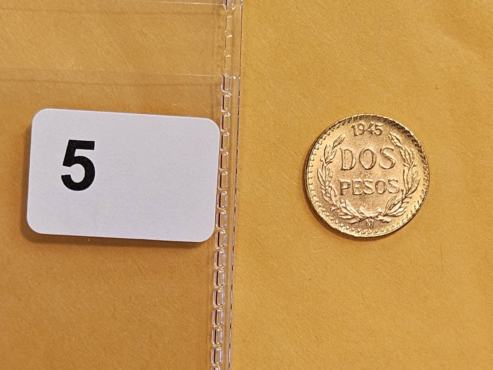 GOLD! Choice Brilliant Uncirculated 1945 Mexico Gold Dos Pesos - 2