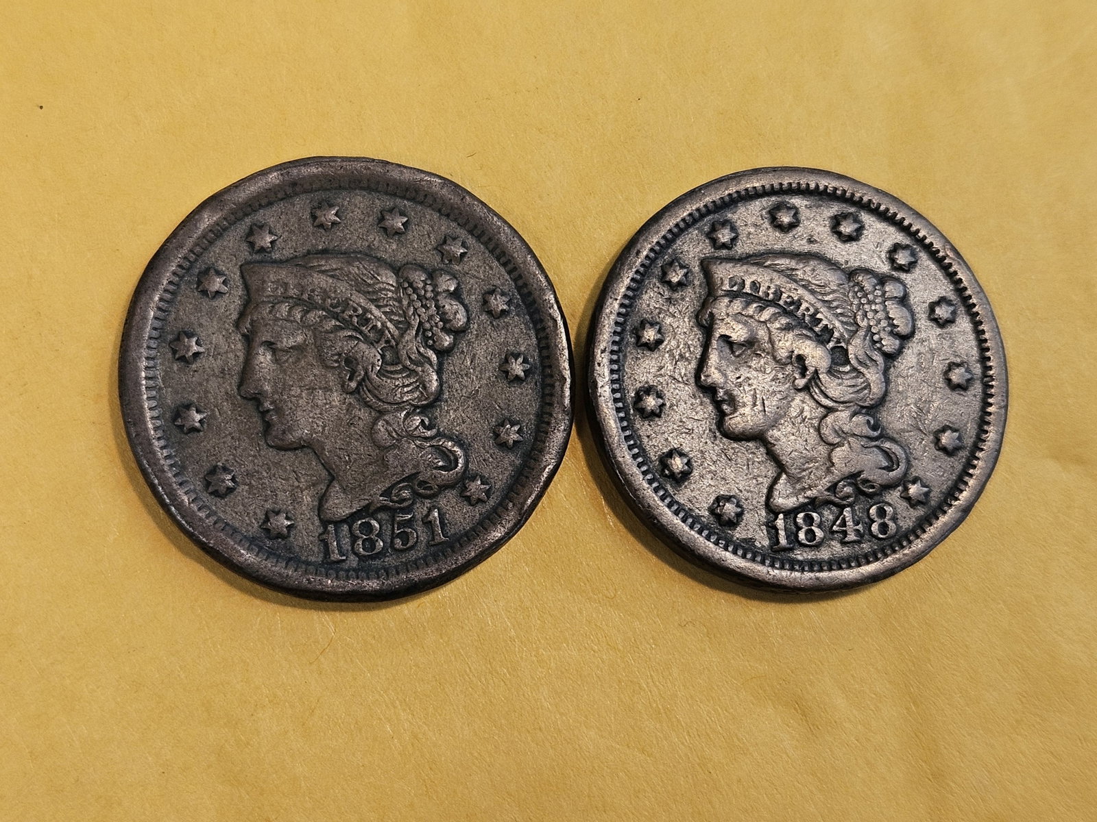 1848 and 1851 Braided Hair Large Cents: Both in Very Fine