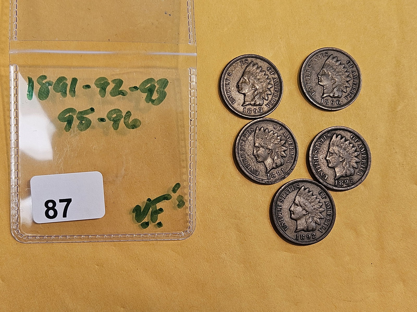 Five Indian Cents in Very Fine: 1891, 1892, 1893, 1895 and 1896