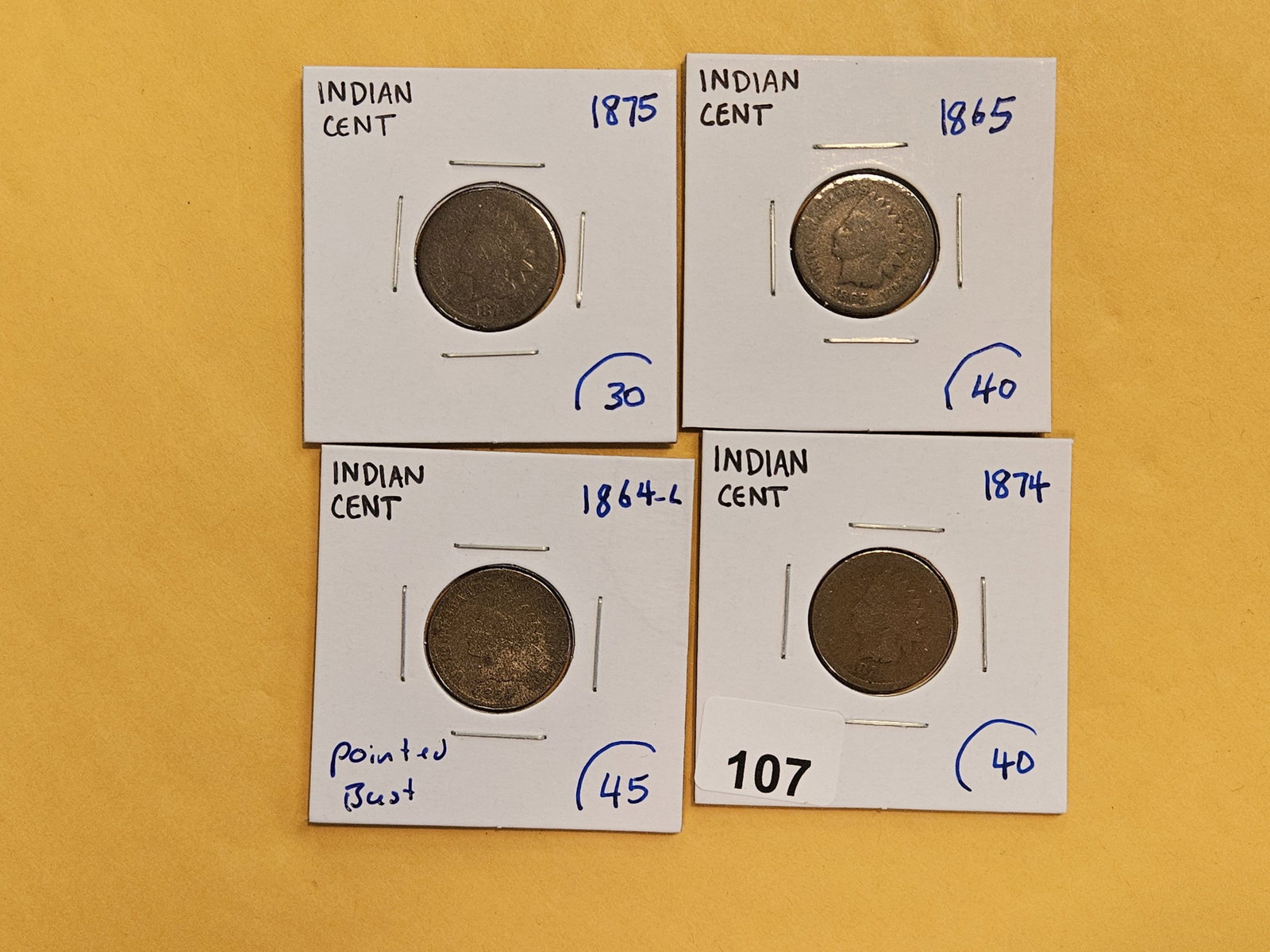 Four mixed, little better Indian Cents: 1875, 1865, 1864-L and 1874