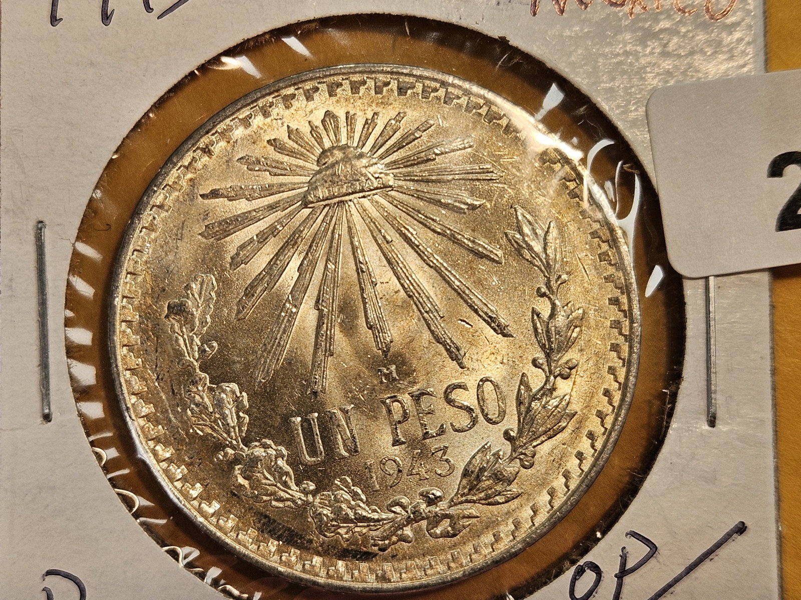 GEM Brilliant Uncirculated 1943 Mexico silver peso: Excellent Luster!