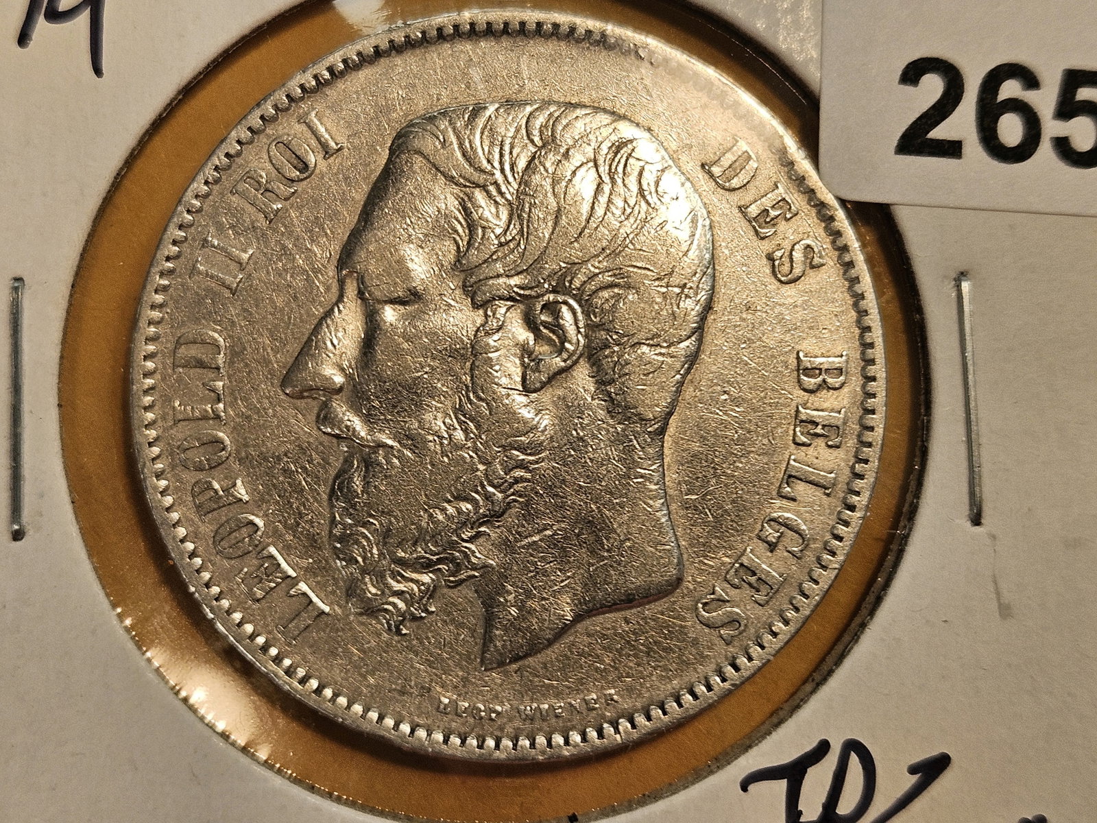 1874 Belgium silver 5 francs: KM 24