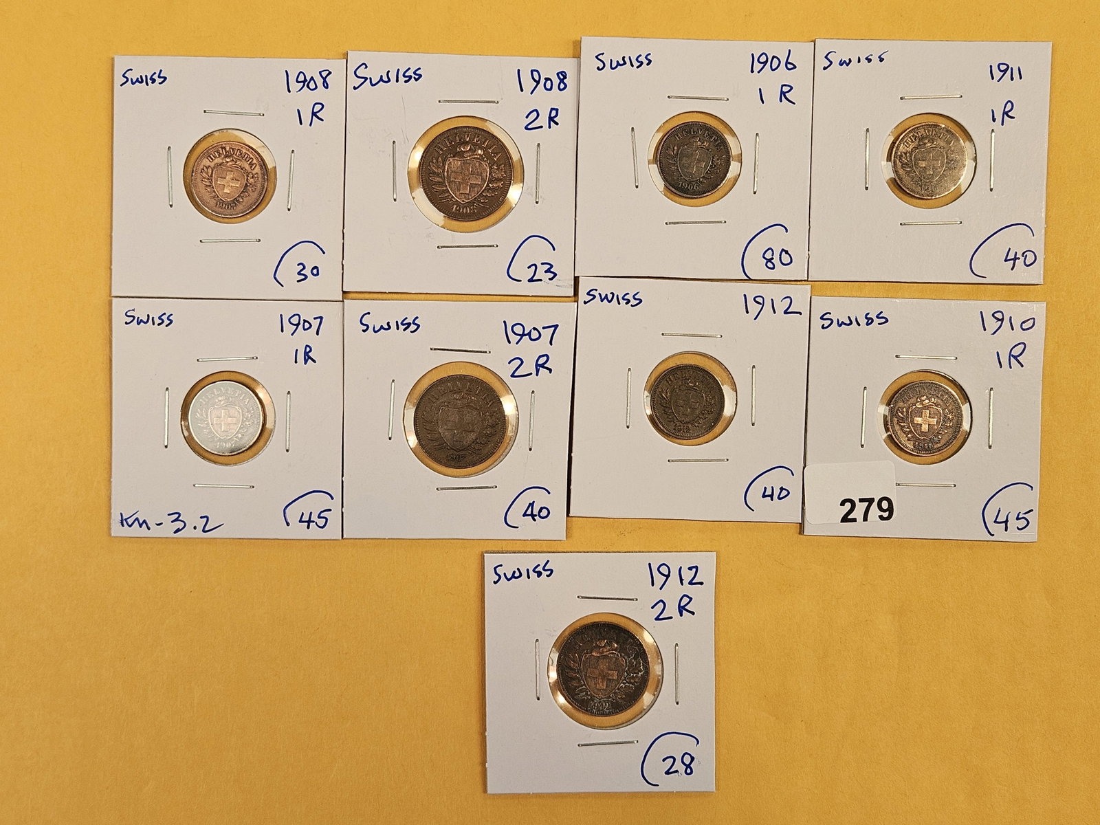 Nine better Switzerland 1 and 2 rappen coins: All early 1900's
