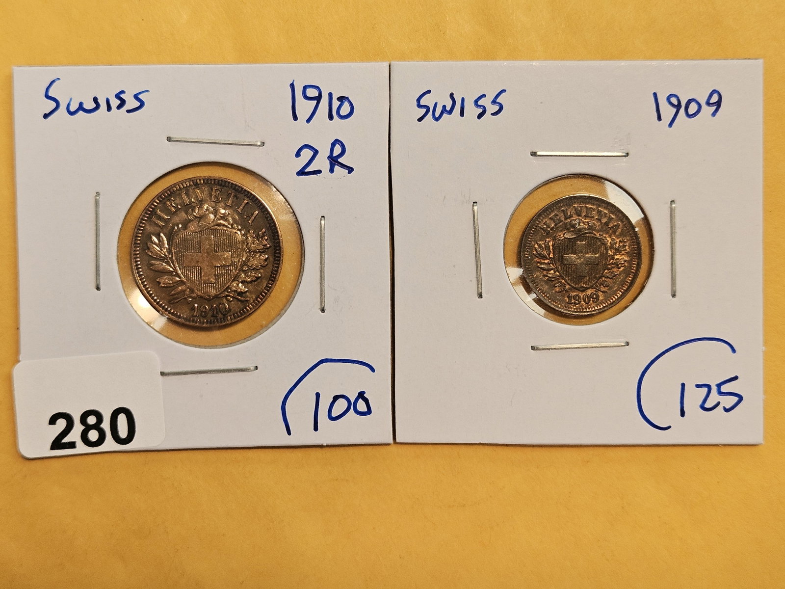 Two Bright, better date Swiss coins: 1910 2 rappen and 1909 1 rappen