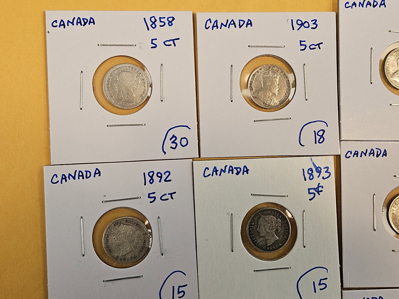 Fifteen mixed, silver, Canadian 5 cent coins - 2
