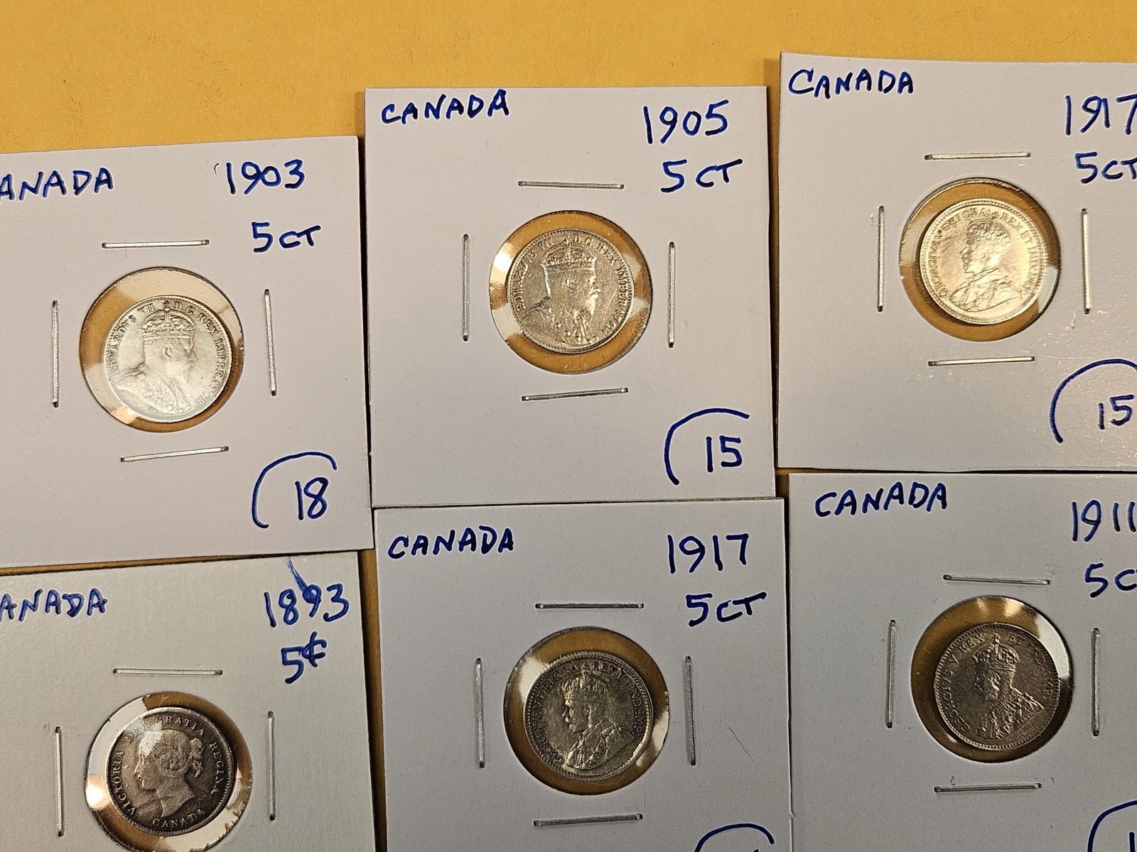 Fifteen mixed, silver, Canadian 5 cent coins - 3